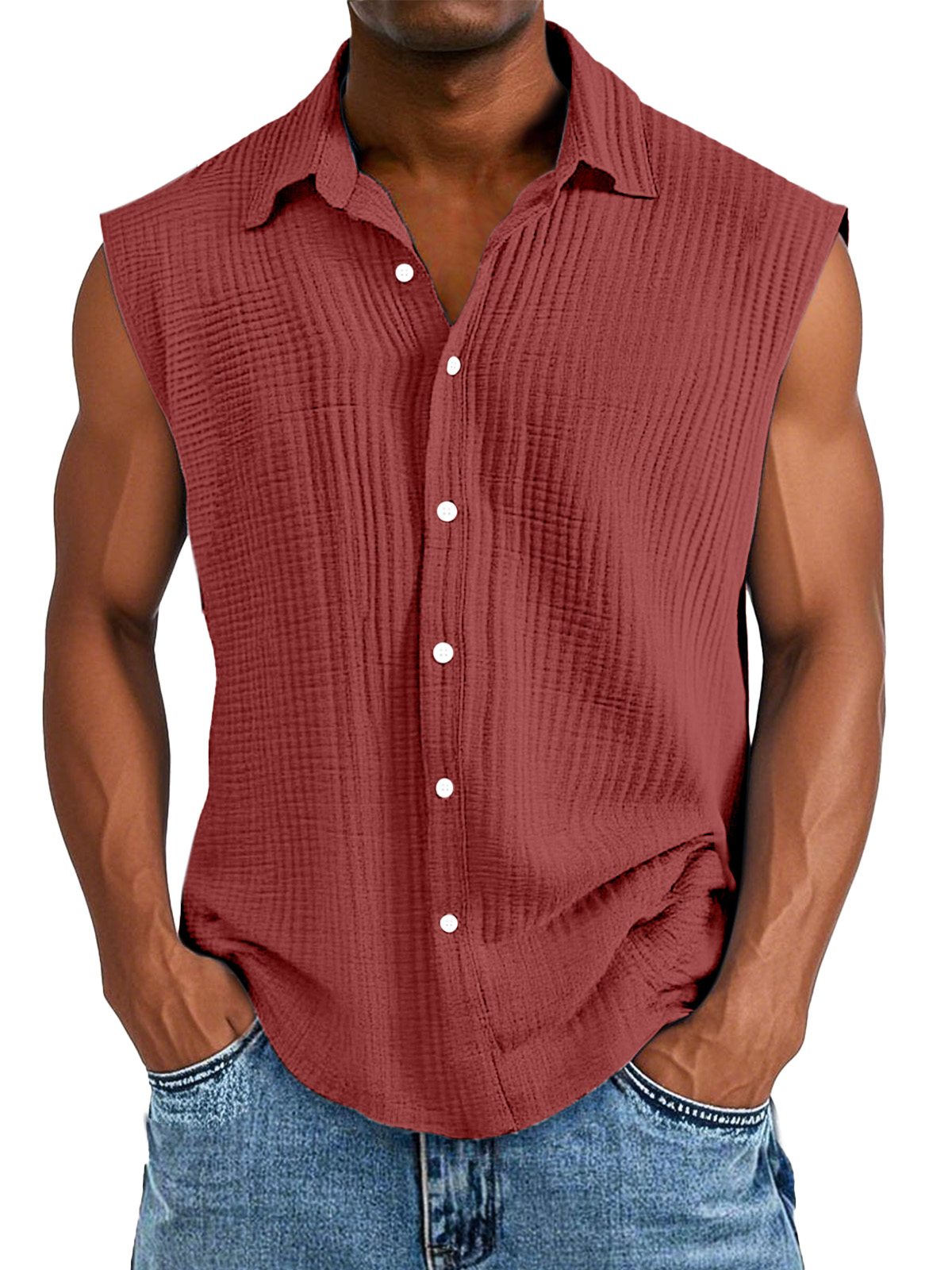 Men's Casual Solid Color Pleated Texture Sleeveless Lapel Shirt