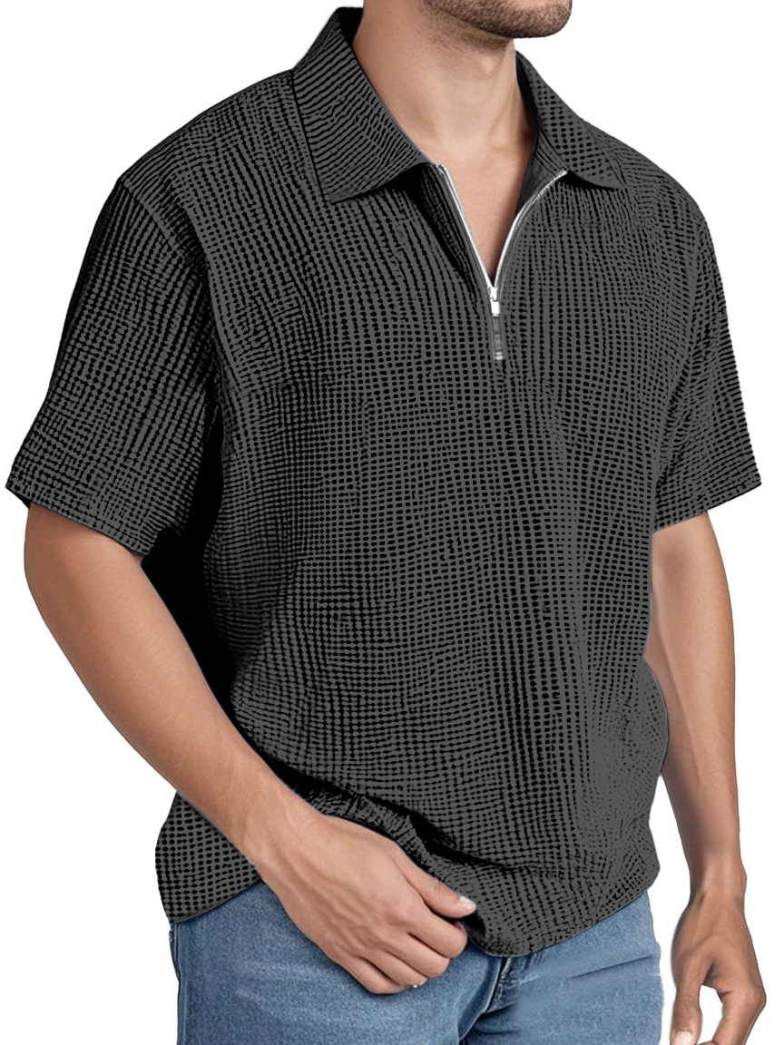 Men's Simple Solid Color Waffle Zipper Lapel Short-sleeved Polo Shirt