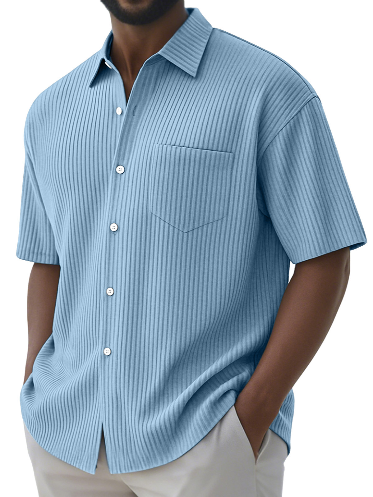 Men's Simple Solid Color Vertical Pit Button Lapel Short-sleeved Shirt
