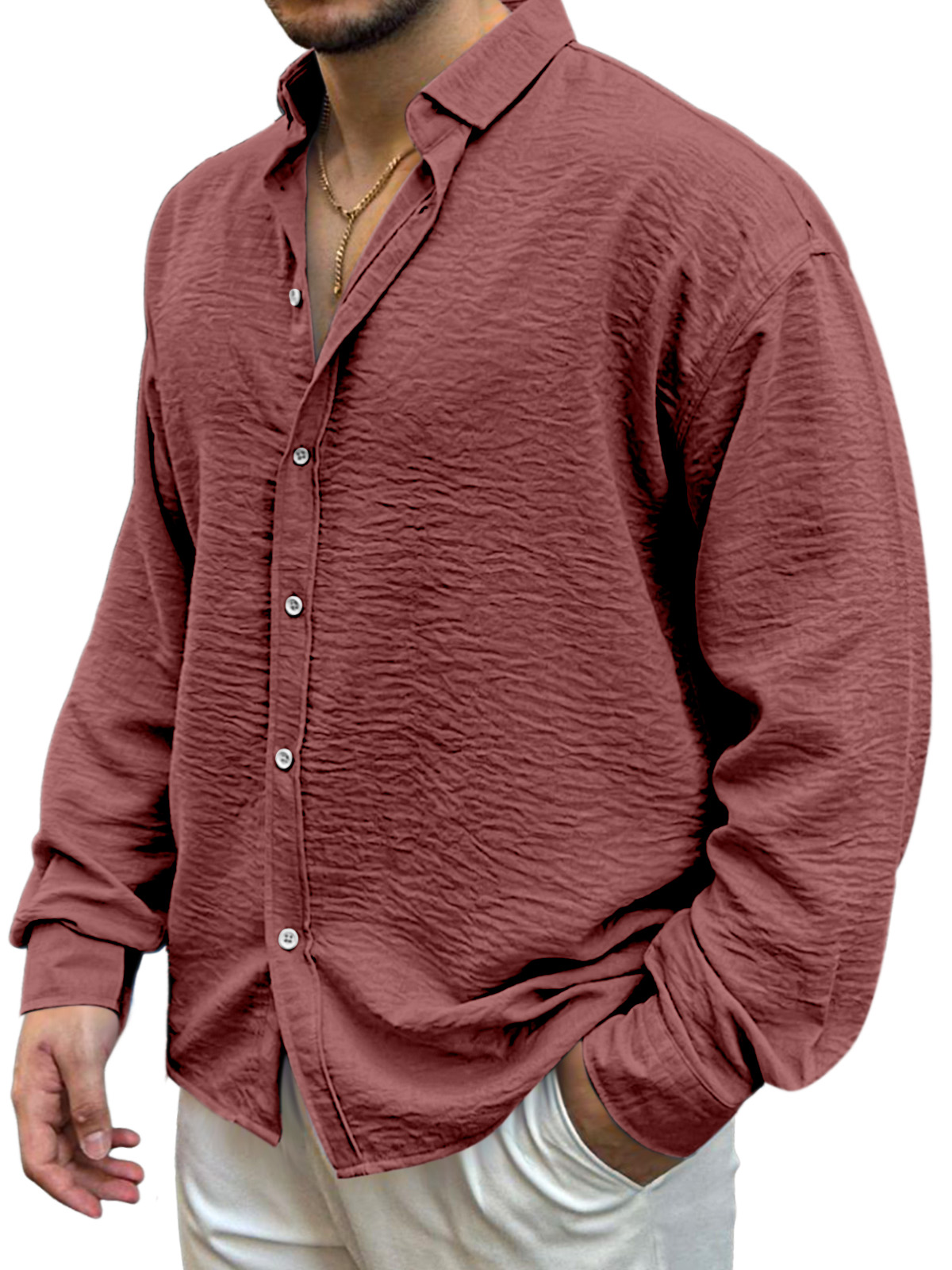 Men's Simple Solid Color Pleated Loose And Comfortable Lapel Long-sleeved Shirt