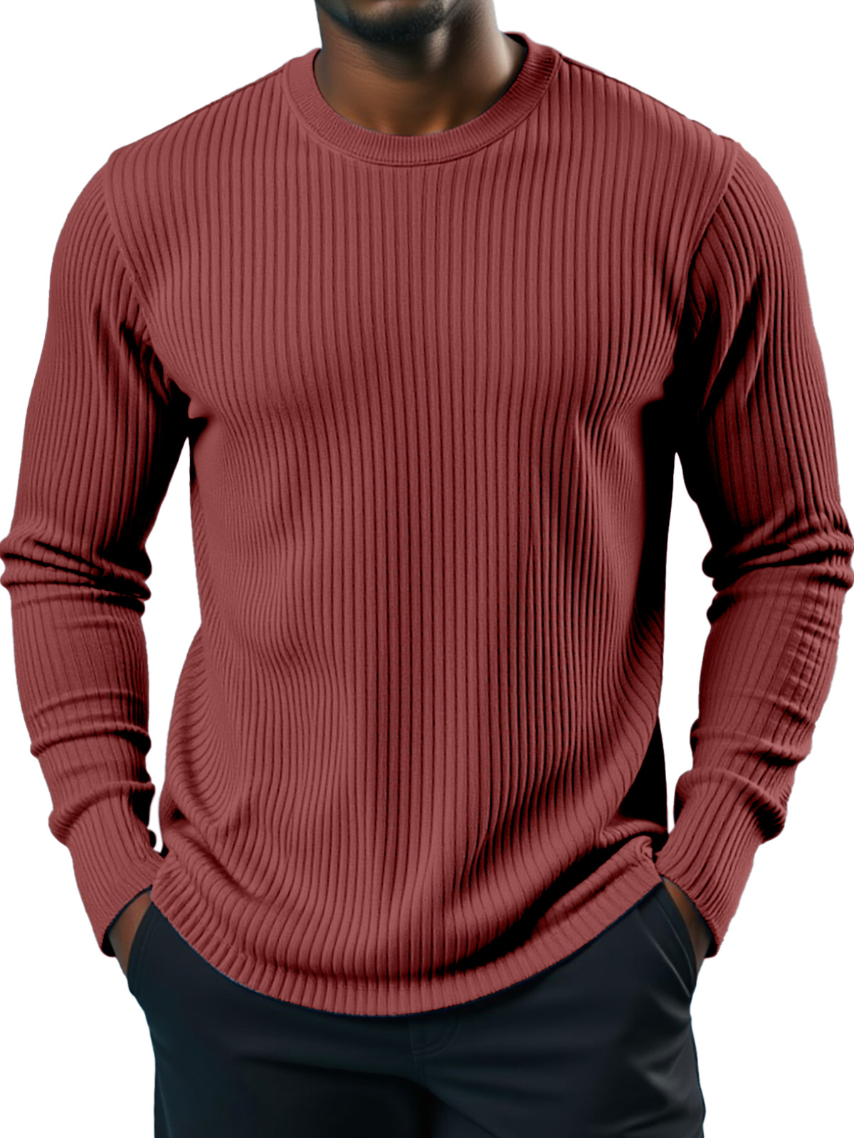Men's Simple Daily Solid Color Vertical Pit Strip Round Neck Long-sleeved T-shirt