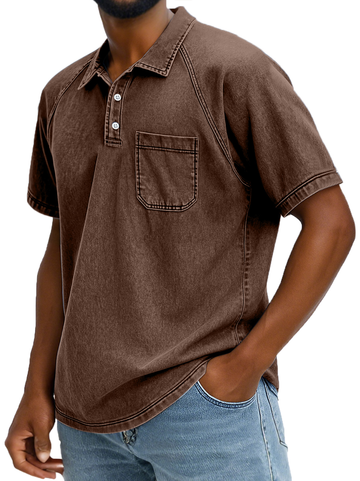 Men's Retro Solid Color Comfortable Raglan Sleeve Polo Shirt