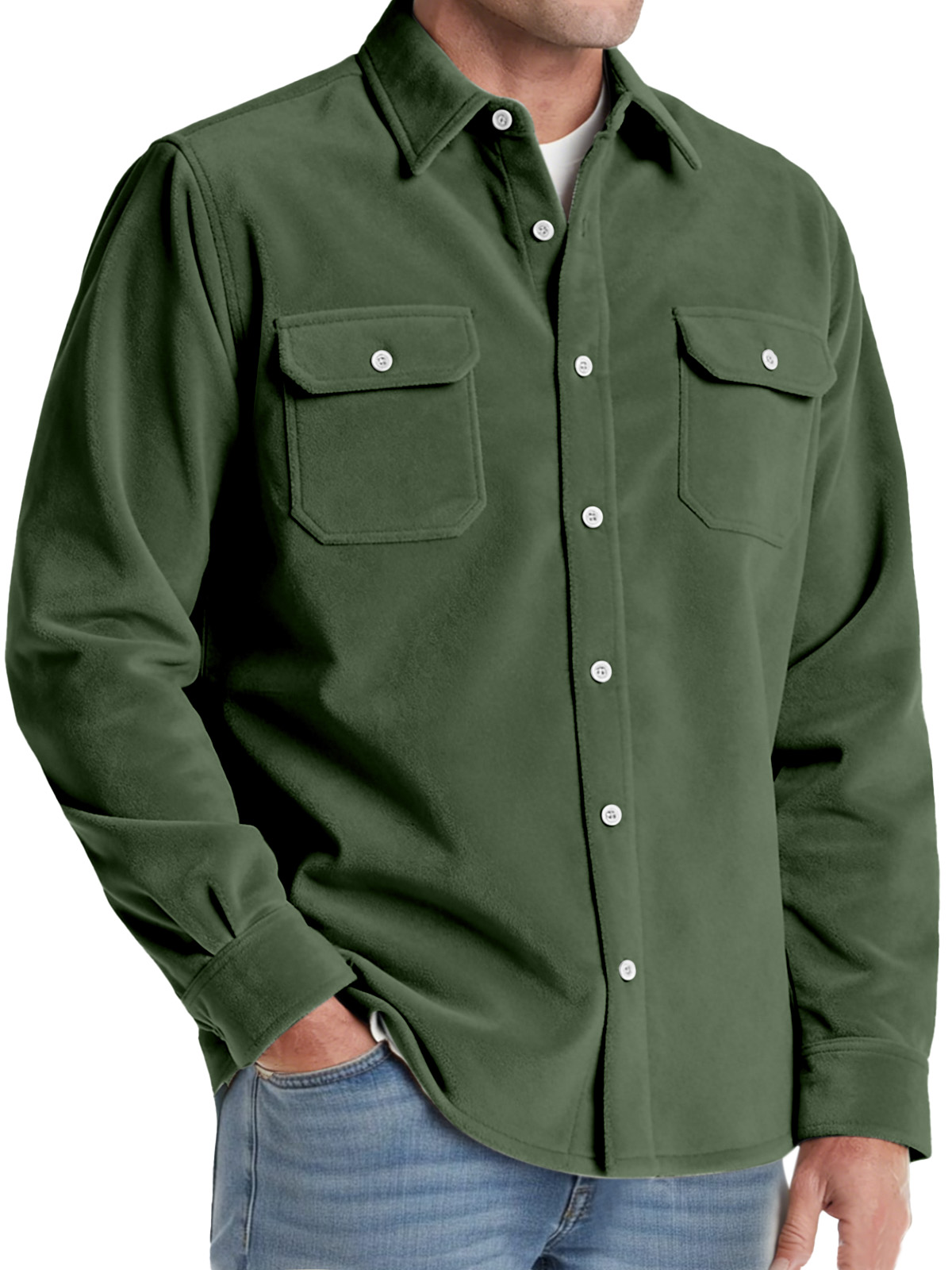 Men's Comfortable Solid-color Suede Double-pocket Long-sleeved Shirt