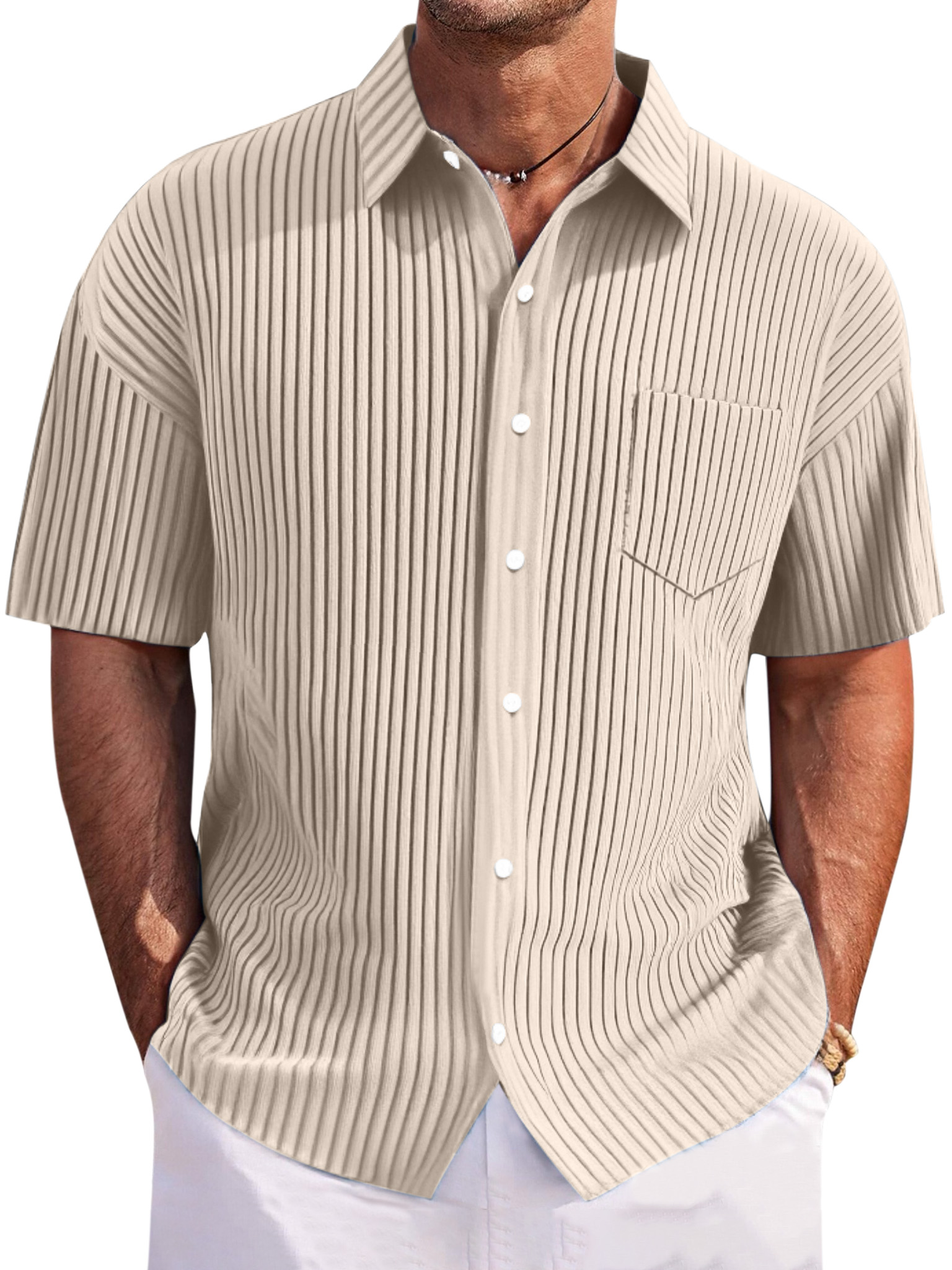 Men's Casual Loose Pitted Textured Lapel Button-down Short-sleeved Shirt