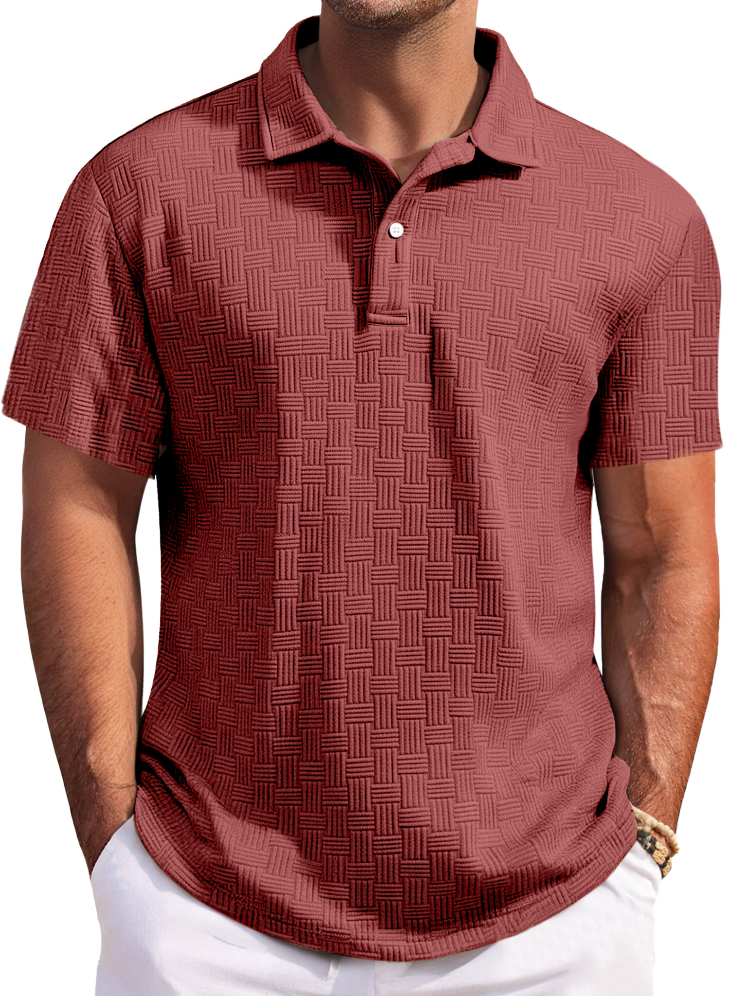 Men's Casual Solid Color Texture Short-sleeved Button Laps Polo Shirt