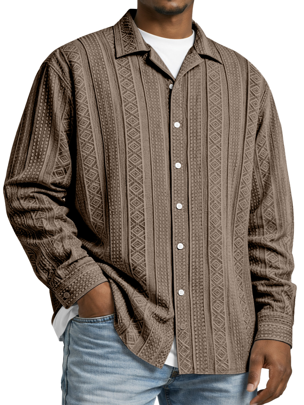 Men's Simple Solid Color Textured Long-sleeved Collared Shirt