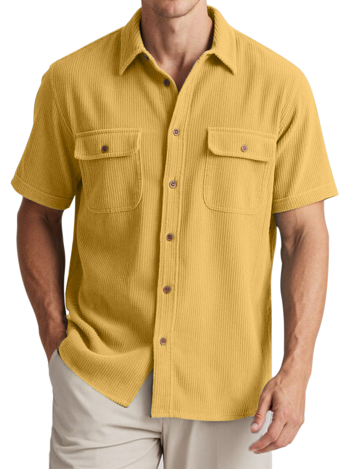 Men's Fashion Double-pocket Retro Corduroy Workwear Casual Short-sleeved Shirt