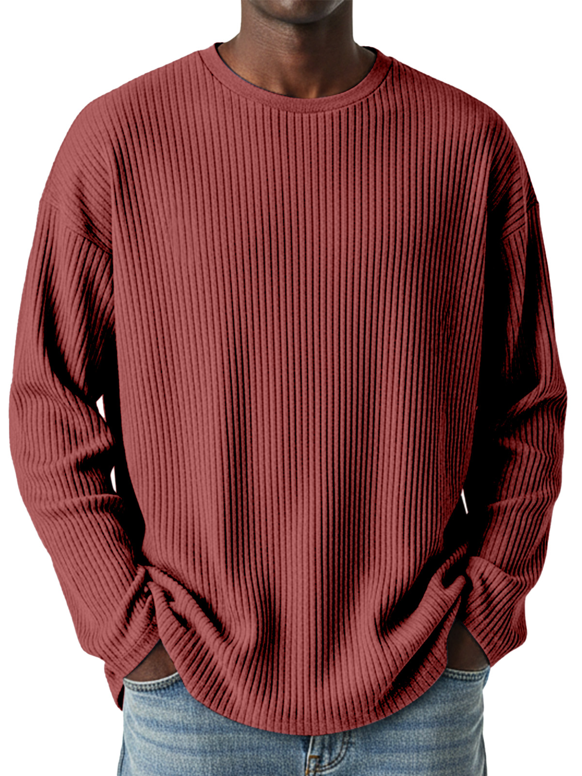 Men's Simple Daily Solid Color Vertical Pit Strip Round Neck Long-sleeved T-shirt