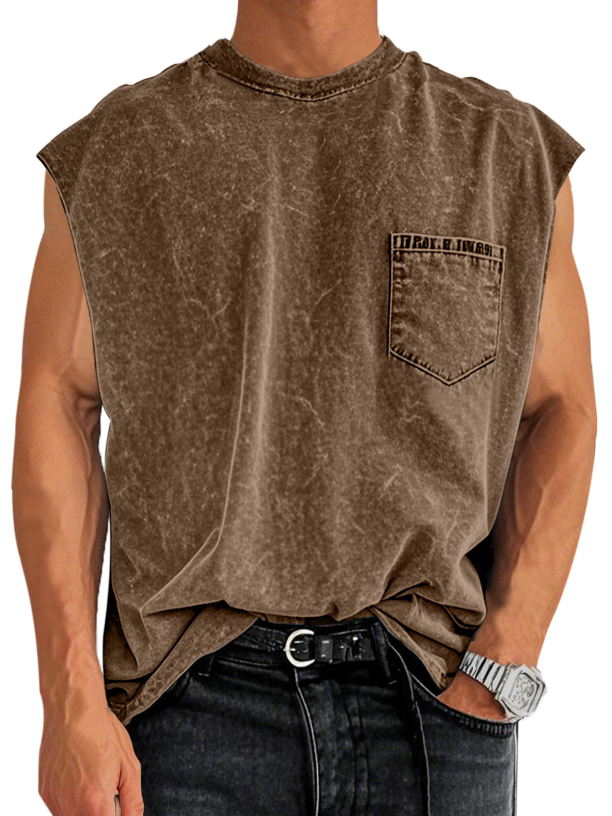 Men's Retro Cotton Washed Pocket Round Neck Sleeveless T-shirt