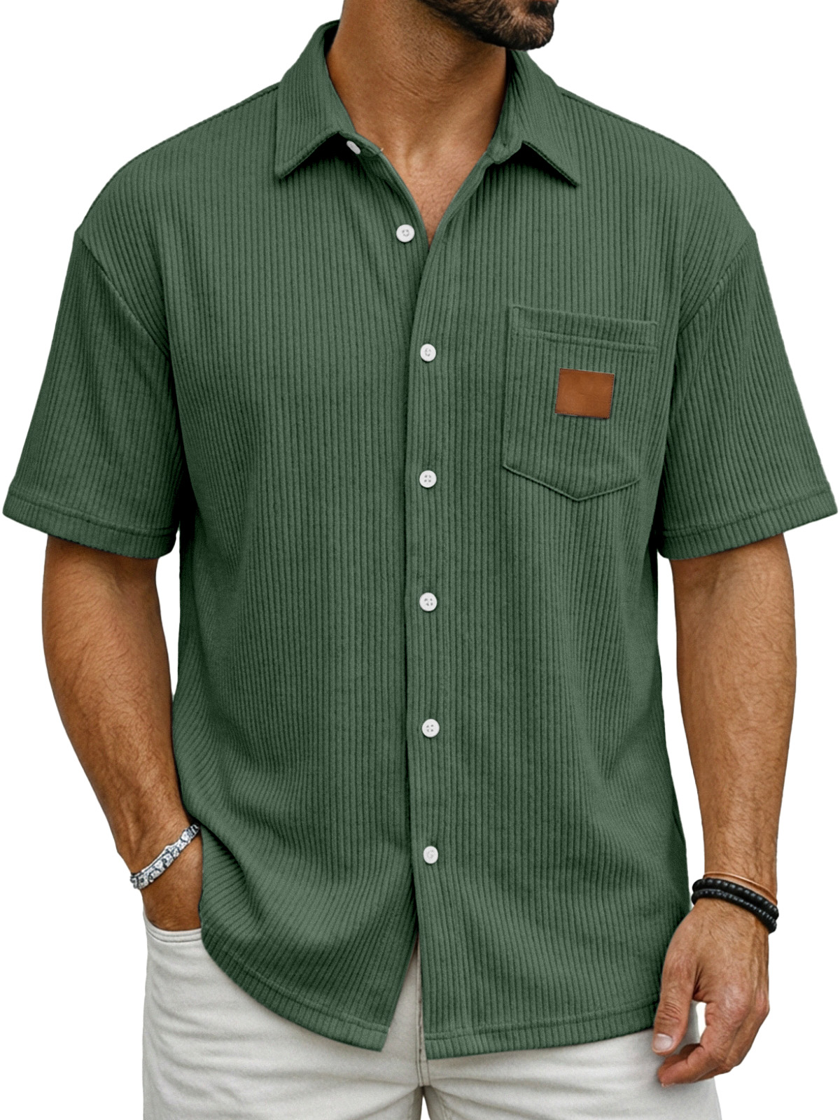 Men's Casual Simple Vertical Ribbed Fabric Shirt With Logo