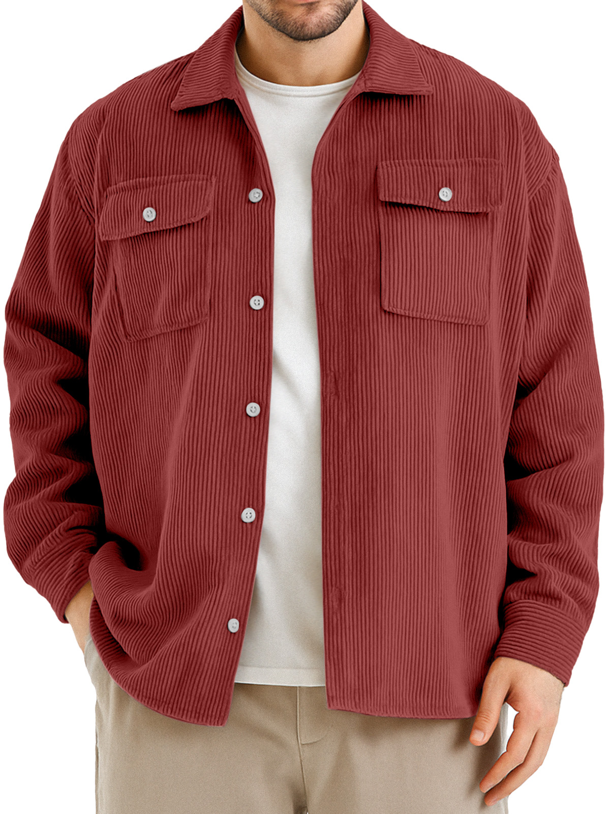 Men's Retro Simple Double Pocket Corduroy Long Sleeve Shirt