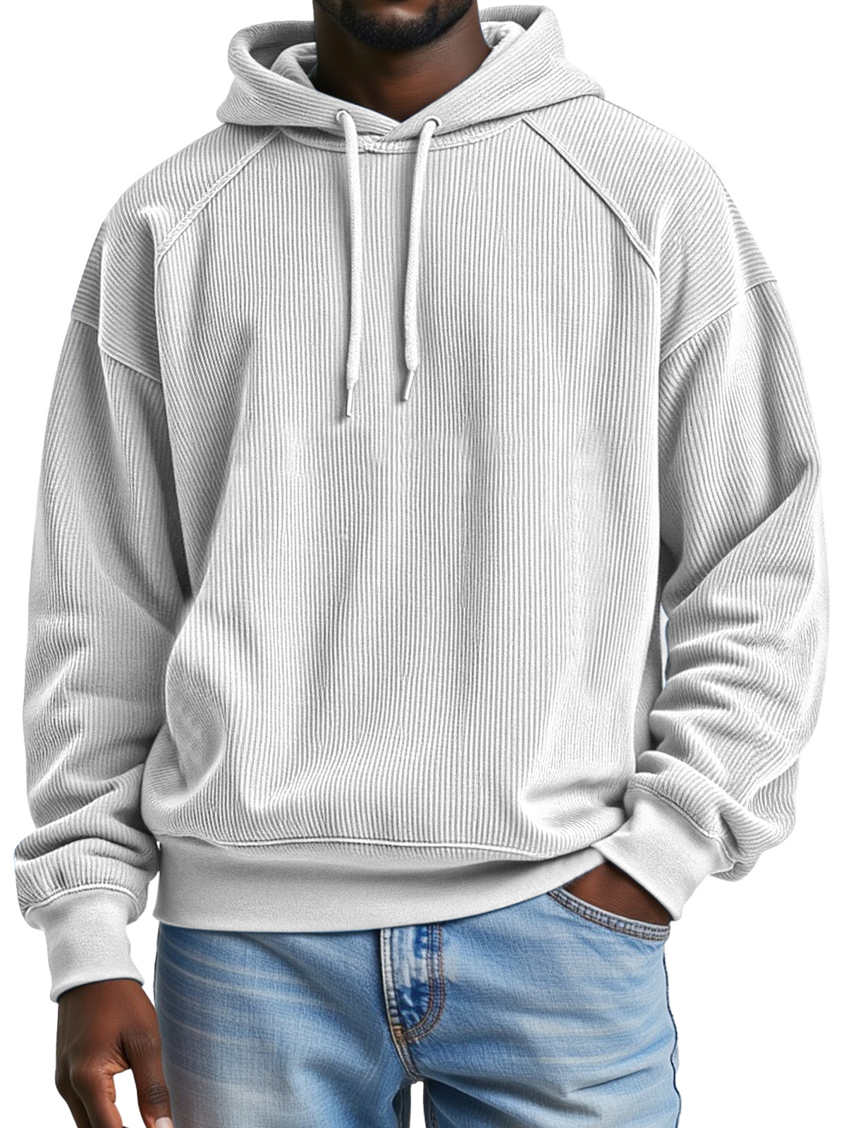 Men's Simple And Comfortable Vertical Pit Strip Raglan Design Loose Hooded Sweatshirt