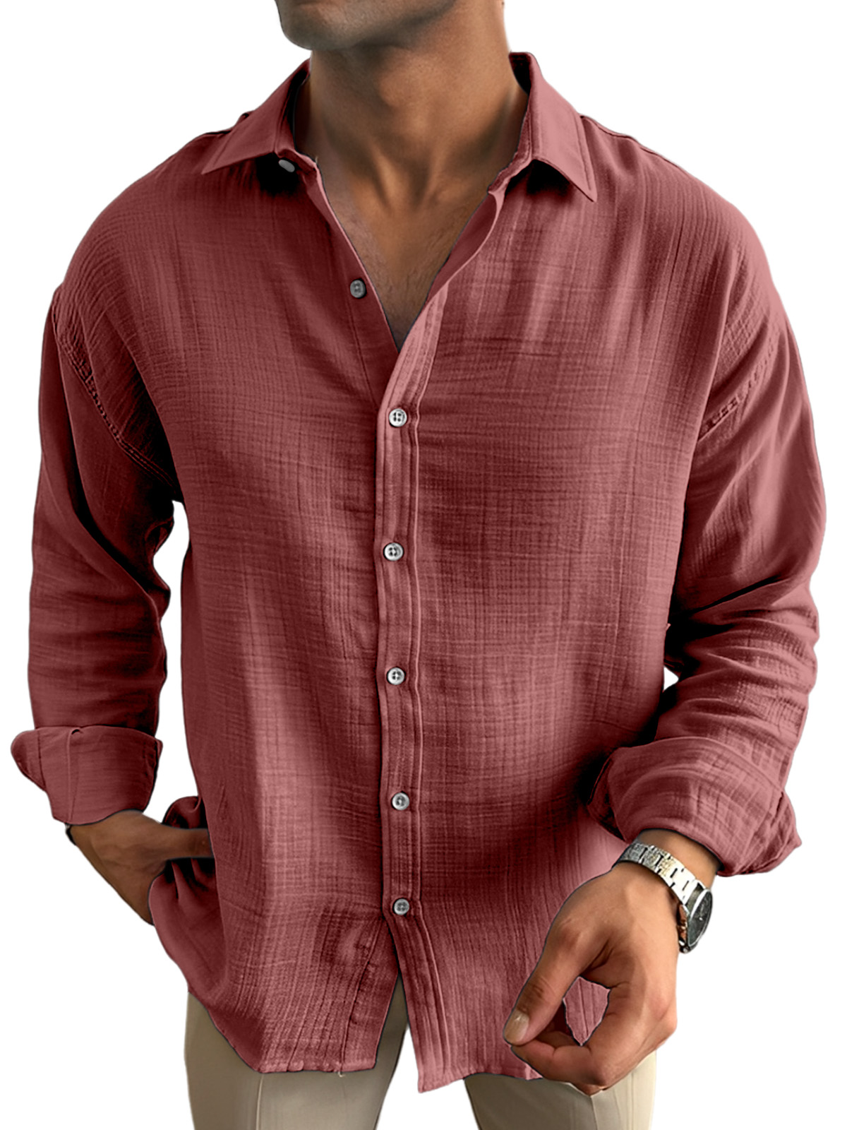 Men's Casual Solid Color Breathable And Comfortable Lapel Long-sleeved Shirt
