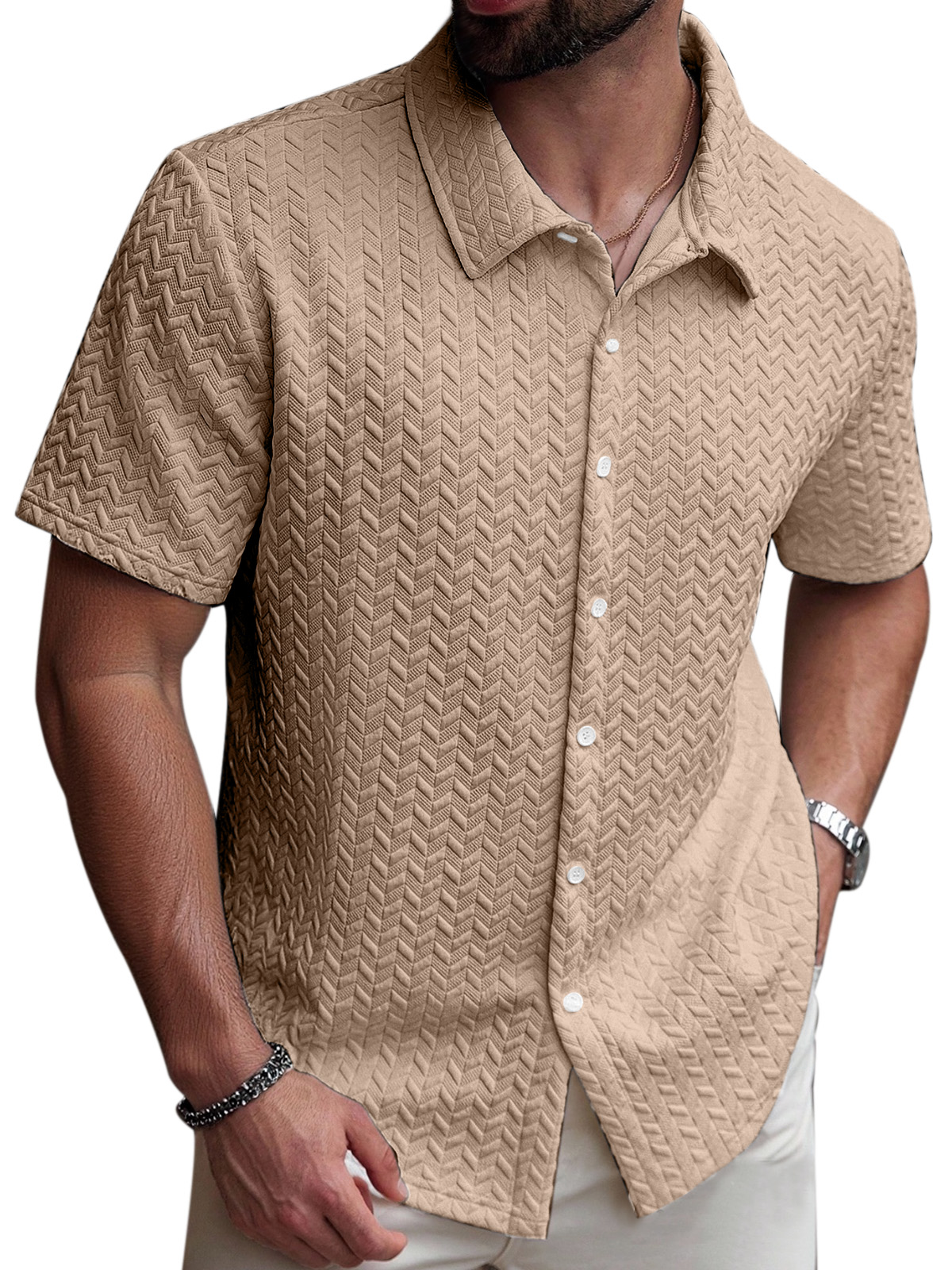 Men's Simple Solid Color Simple Texture Short-sleeved Shirt