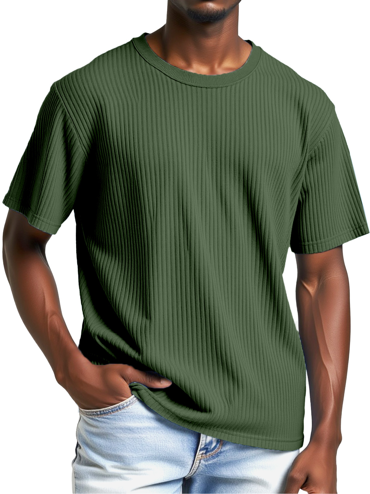 Men's Comfortable Solid Color Vertical Pit Round Neck Short-sleeved T-shirt