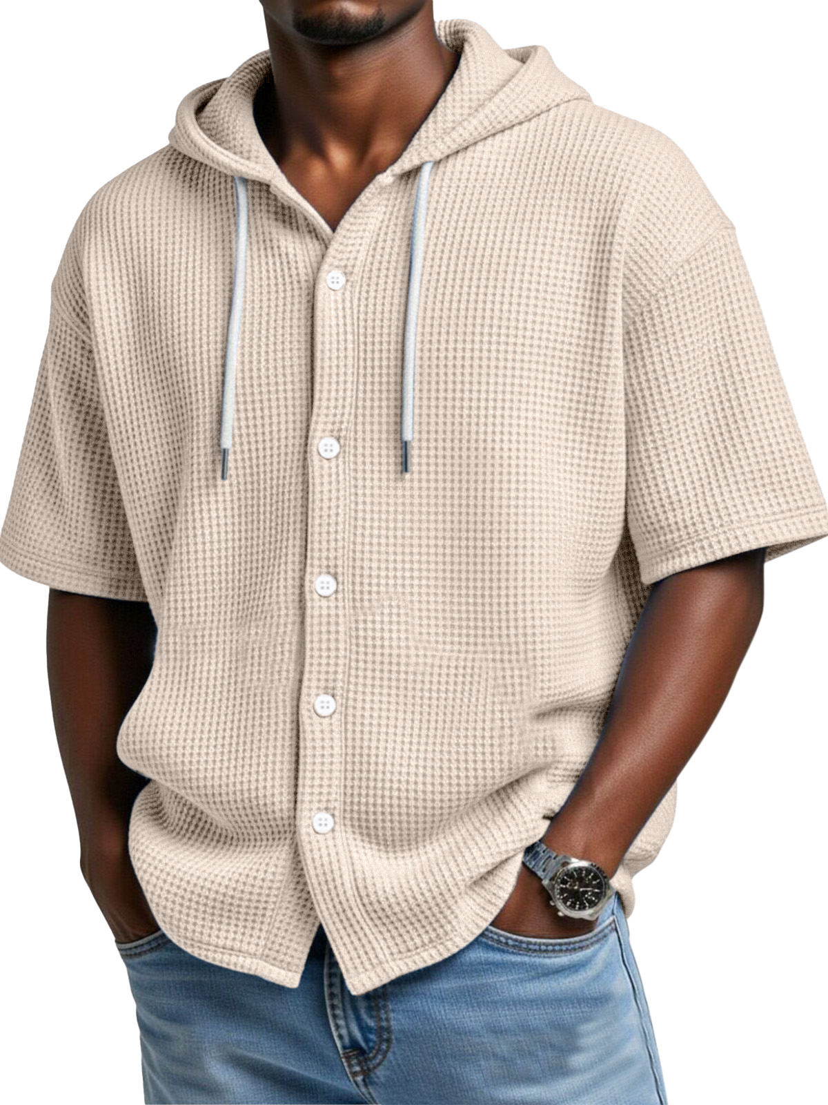 Everyday Casual Waffle Hooded Short Sleeve Button-Down Shirt