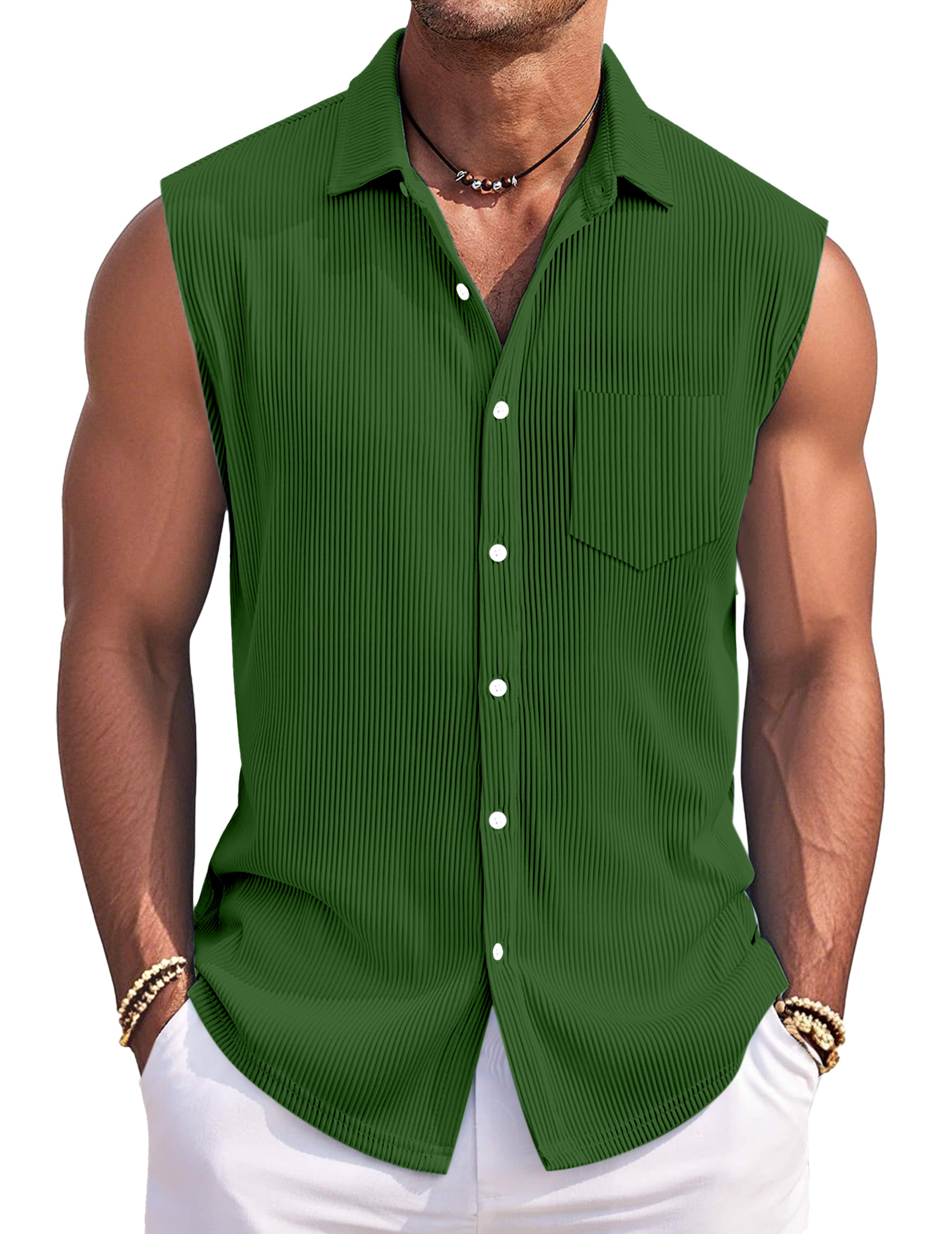 Men's Simple Solid Color Vertical Pit Lapel Button Sleeveless Shirt