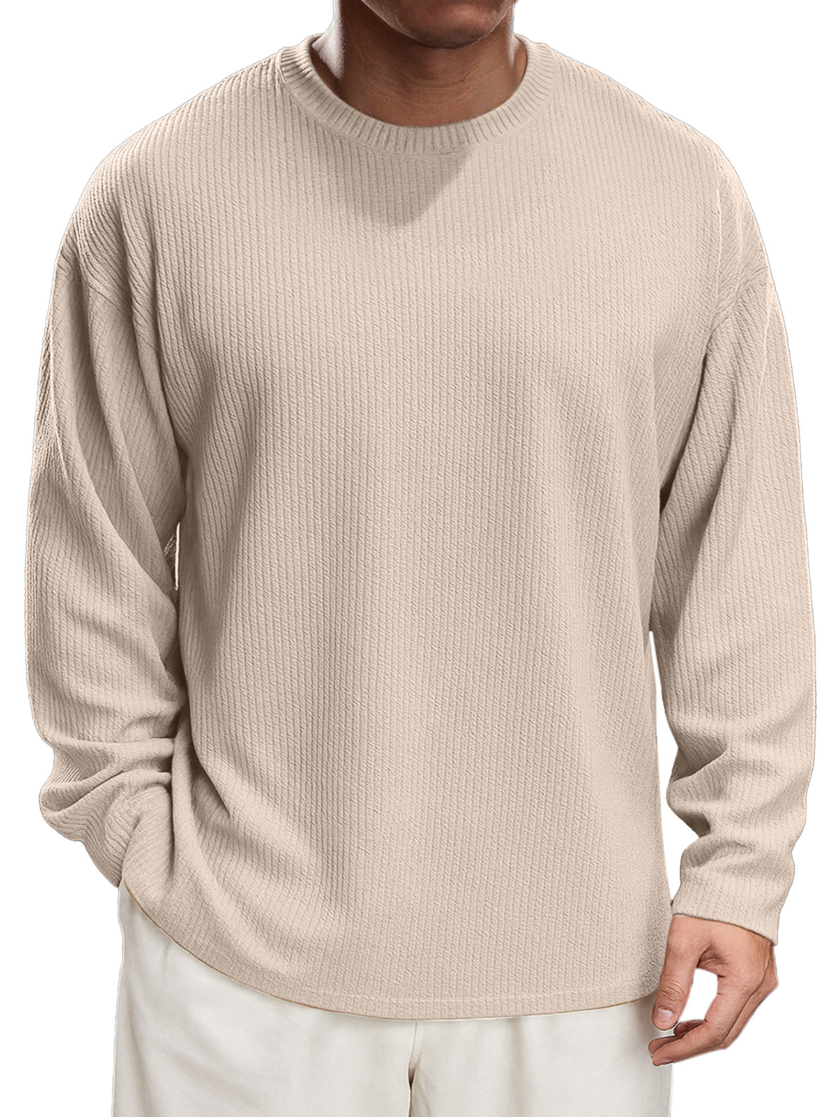 Men's Simple Daily Solid Color Texture Round Neck Long-sleeved T-shirt
