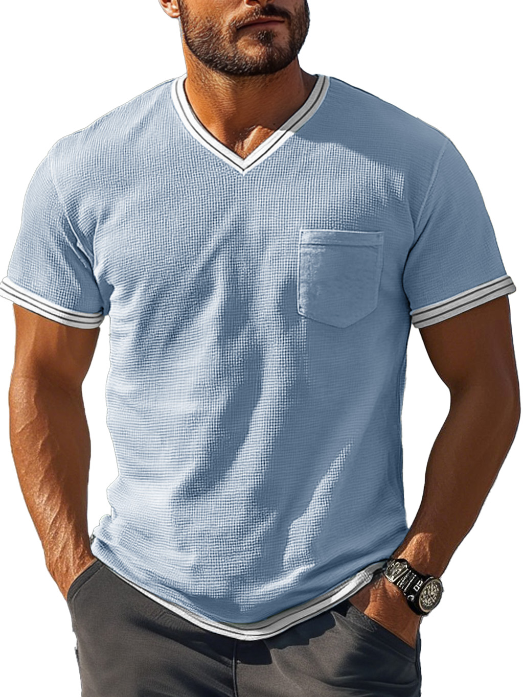 Men's Fashion Retro Patchwork Textured Fabric V-neck Short-sleeved T-shirt
