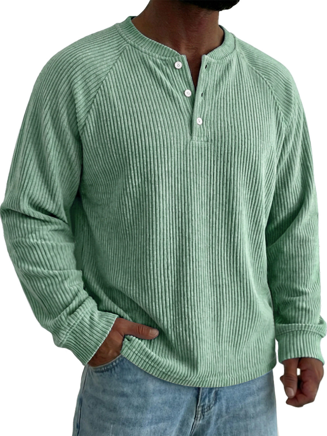 Men's Raglan Sleeve Corduroy Casual Solid Color Long-sleeved Henley Shirt