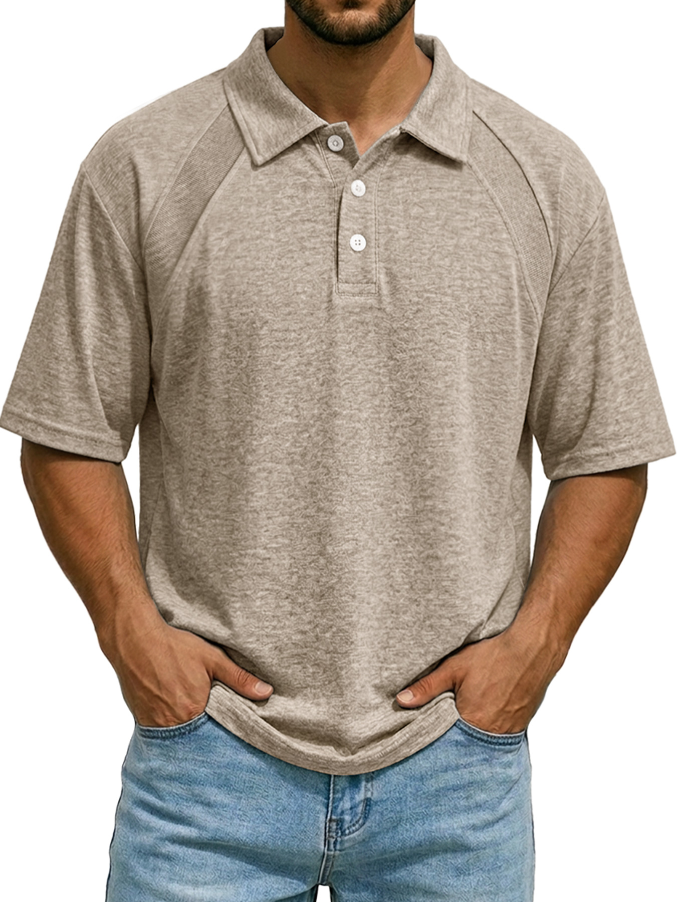 Men's Casual Raglan Polo Shirt with Turn-Down Collar and Button-Up Short Sleeve