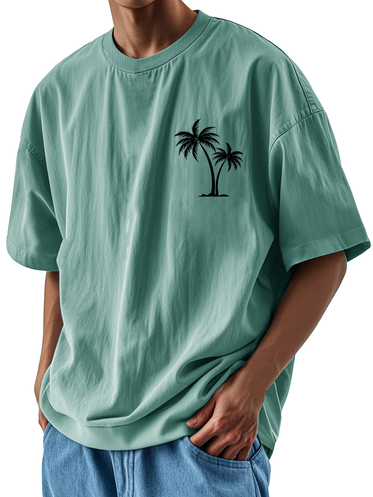 Men's Fashion Casual Loose Pocket Coconut Print Short Sleeve T-Shirt