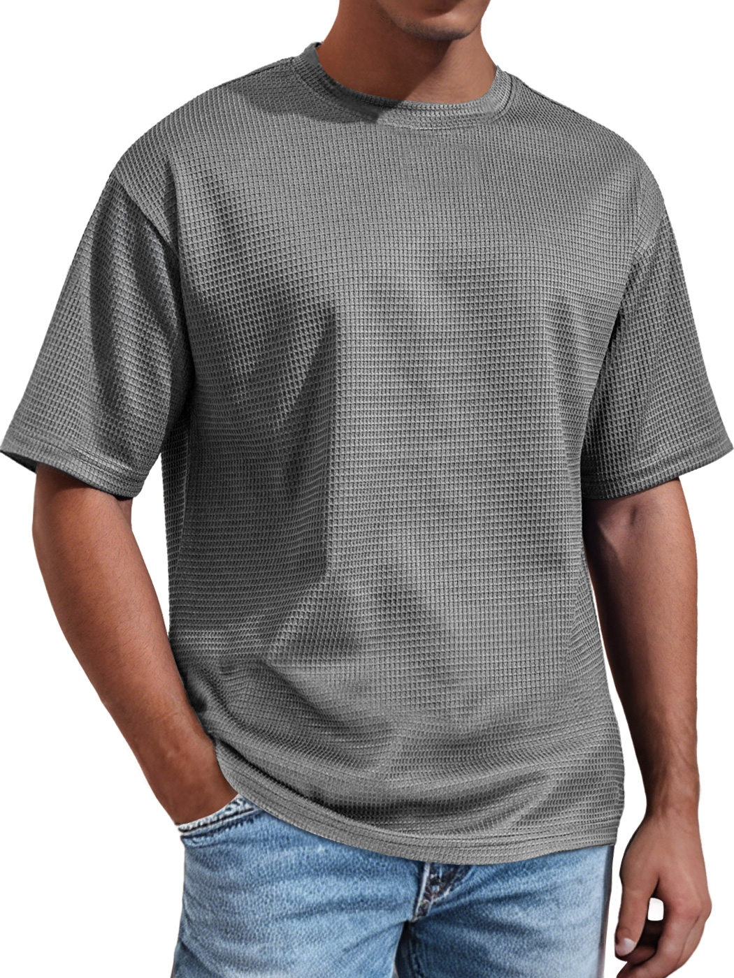 Men's Daily Round Neck Waffle Casual Solid Color Comfortable Short Sleeve T-shirt