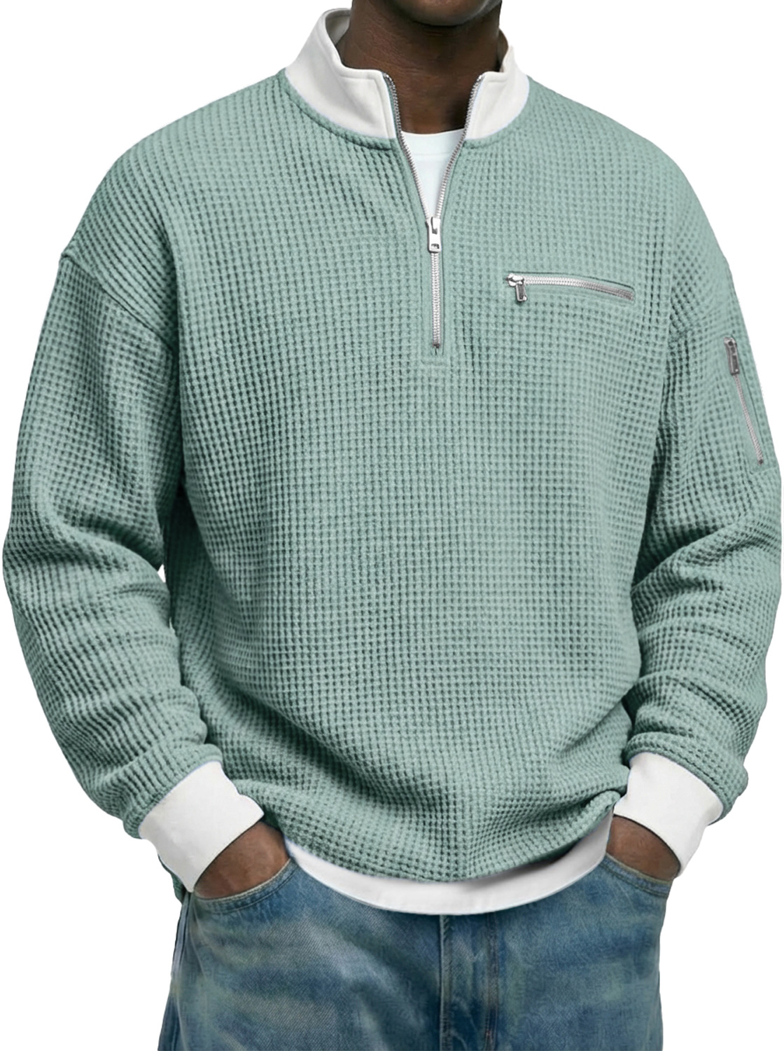 Men's Waffle-knit Stand-collar Color-block Zippered Casual Long-sleeved T-shirt