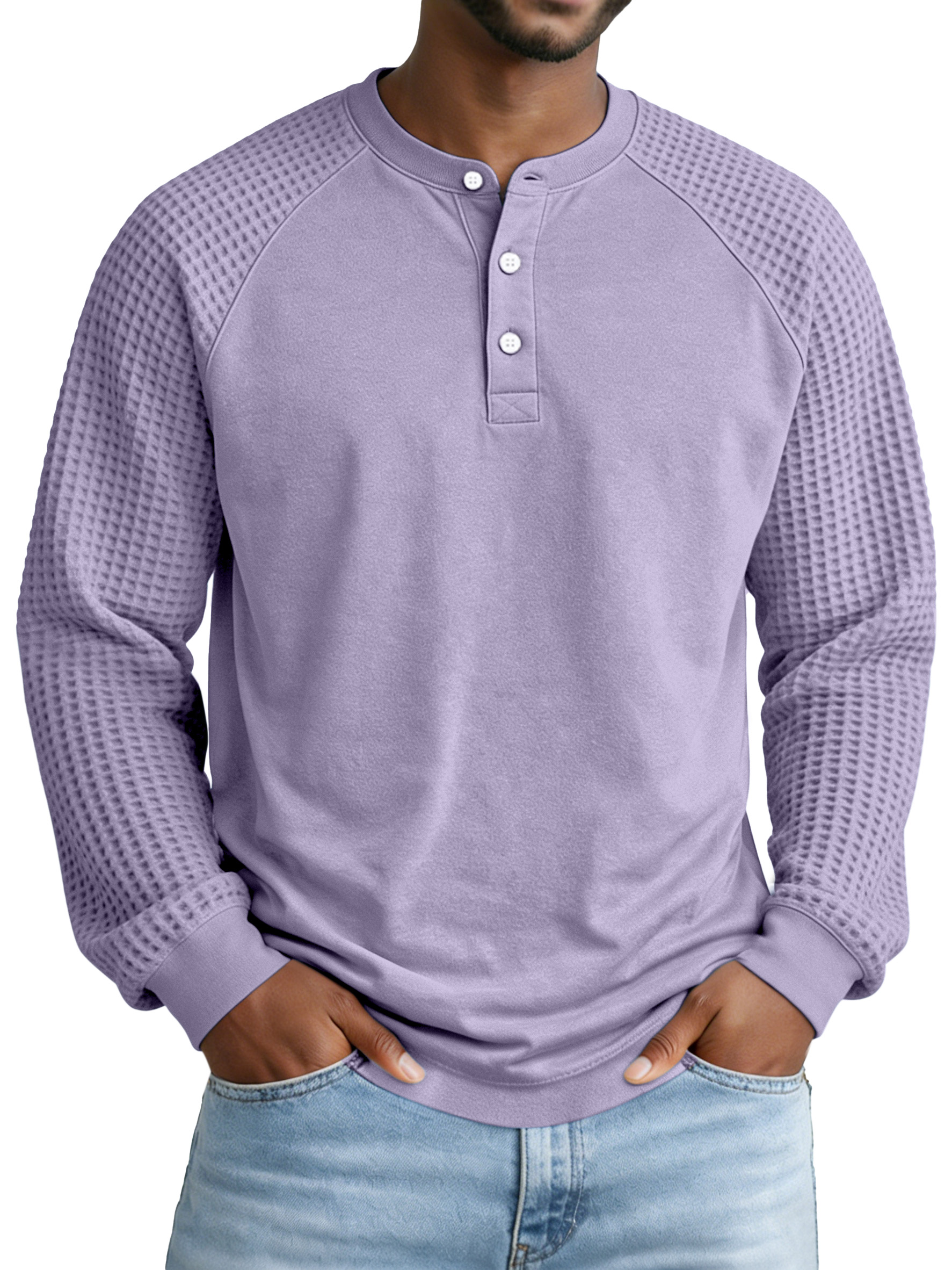 Men's Casual Simple Waffle Knit Panel Henley Collar Raglan Long-sleeve Polo Shirt