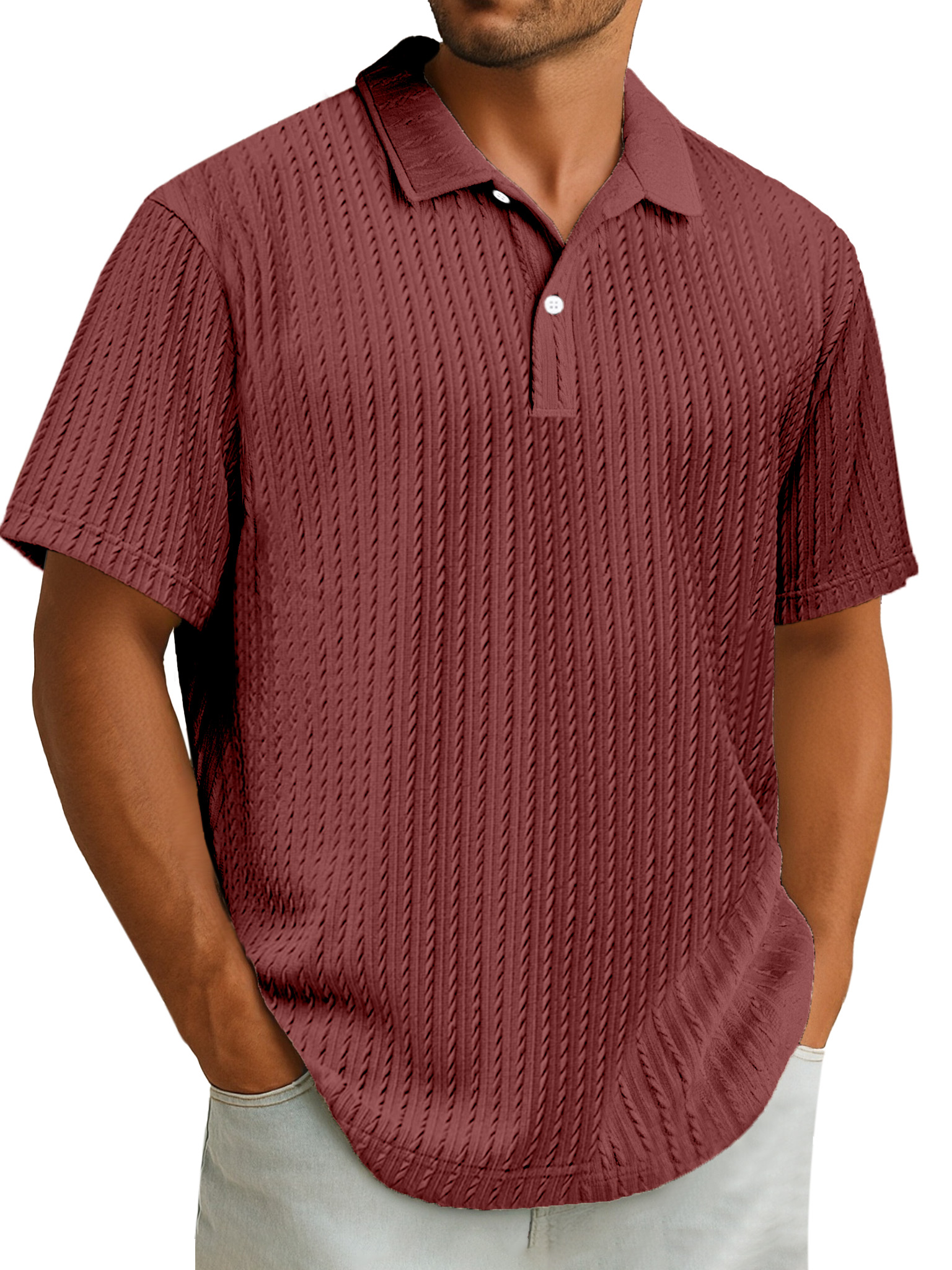 Men's Casual Simple Design Solid Color Texture Short-sleeved Polo Shirt