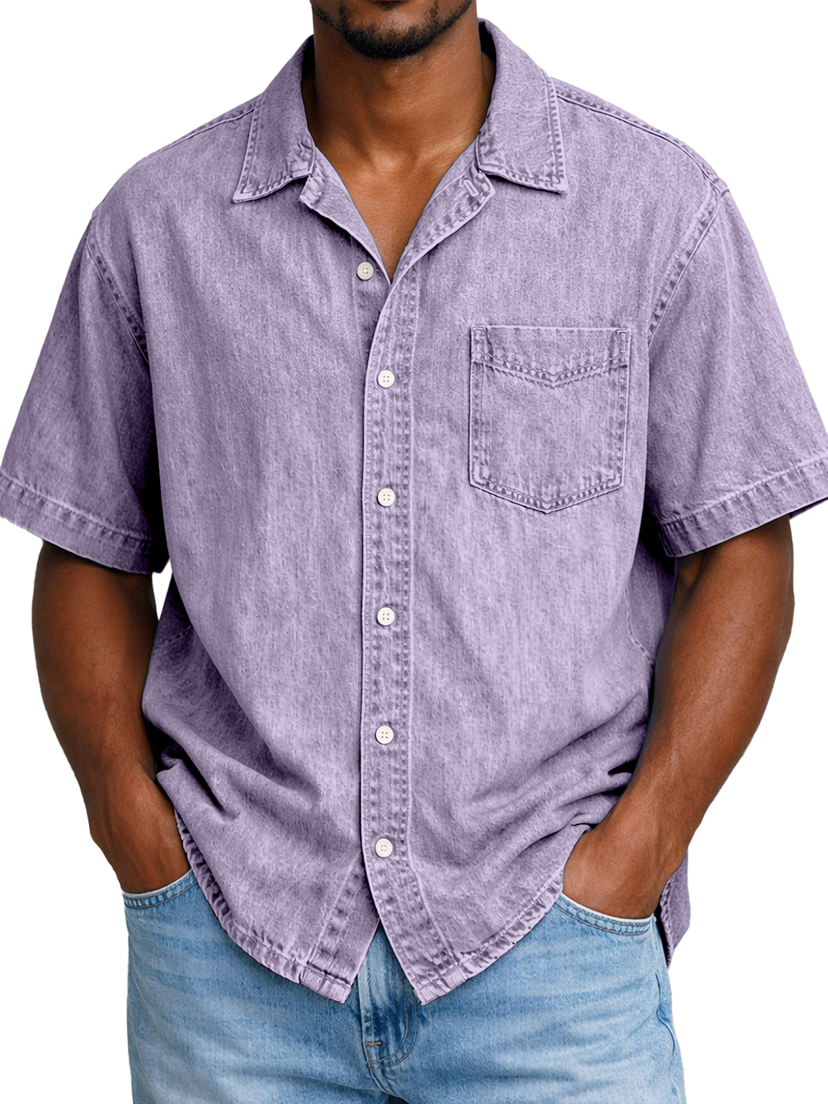 Men's Retro Solid Color Pocketed Cuban Collar Short-Sleeve Shirt