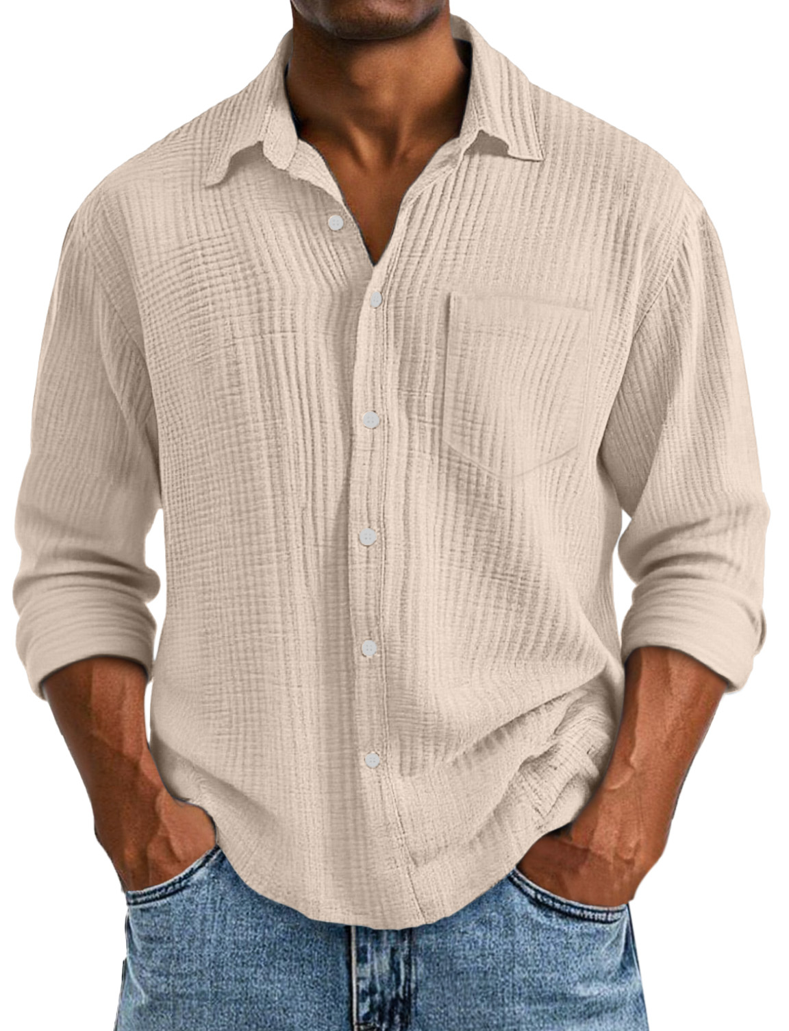 Men's Casual Solid Color Breathable Cotton Pleated Comfortable Lapel Long-sleeved Shirt