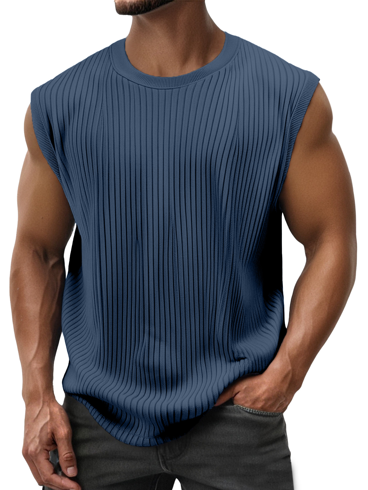 Men's Simple Everyday Solid Color Vertical Strip Sleeveless Round Neck T-shirt