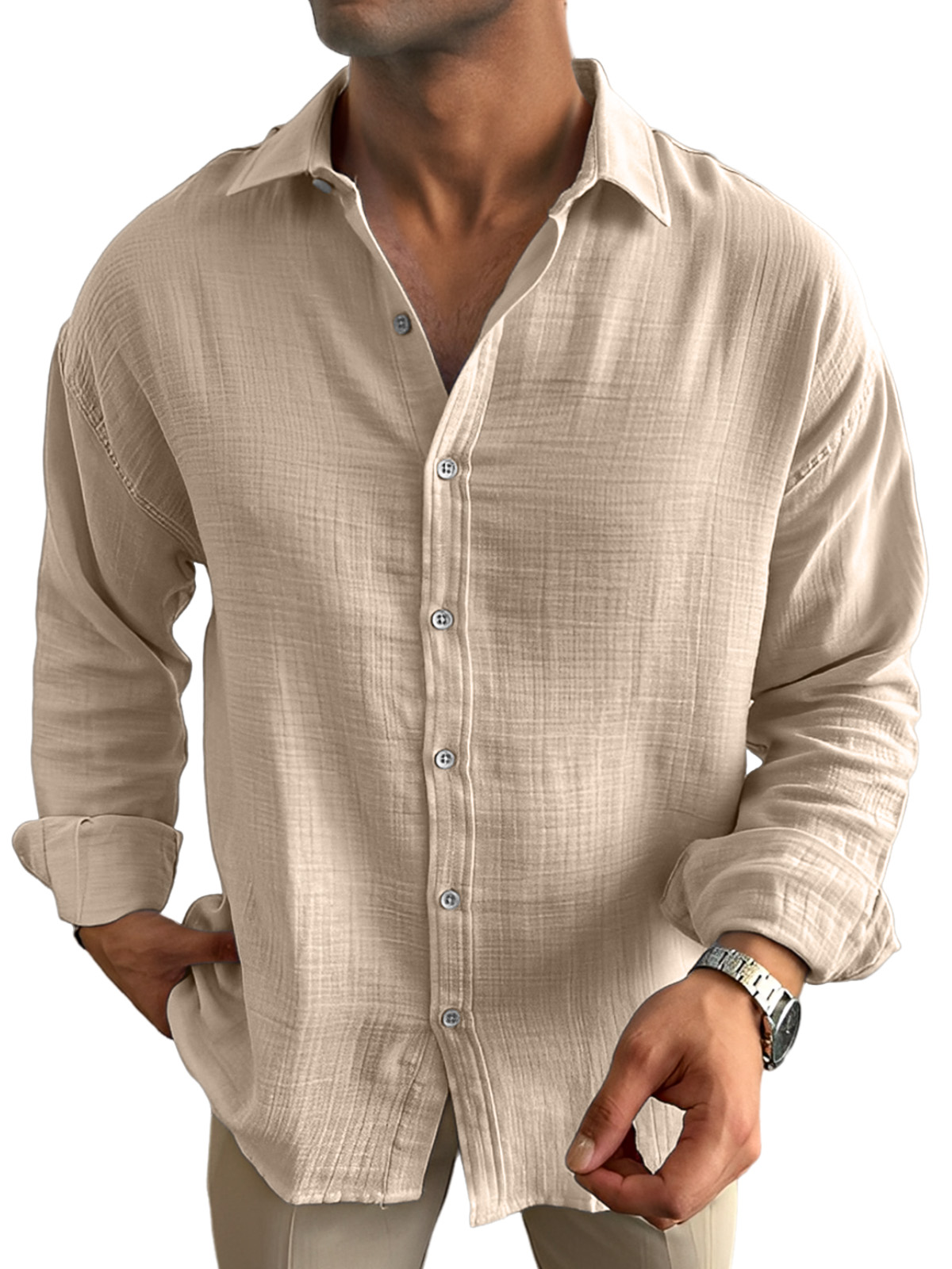 Men's Casual Solid Color Breathable And Comfortable Lapel Long-sleeved Shirt