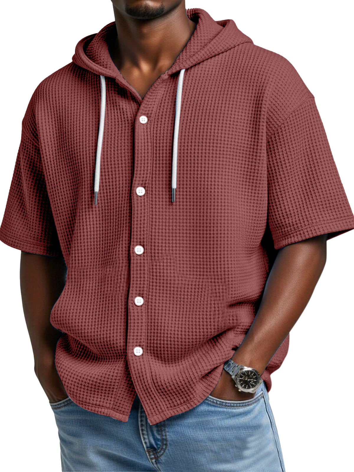 Everyday Casual Waffle Hooded Short Sleeve Button-Down Shirt