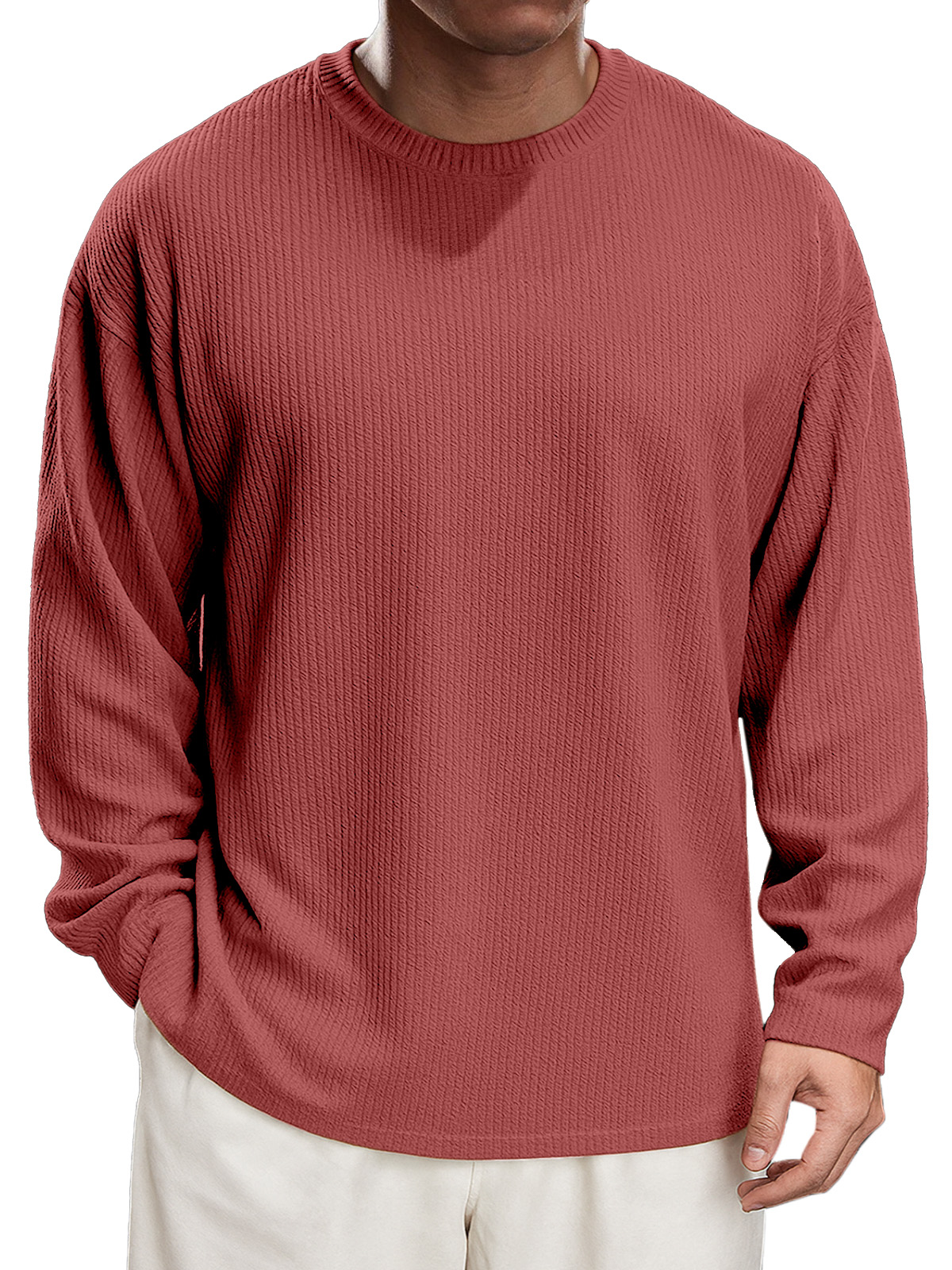 Men's Simple Daily Solid Color Texture Round Neck Long-sleeved T-shirt