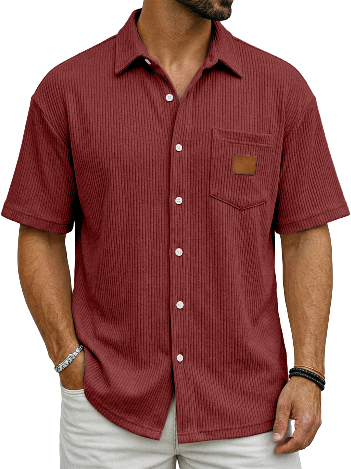 Men's Casual Simple Vertical Ribbed Fabric Shirt With Logo