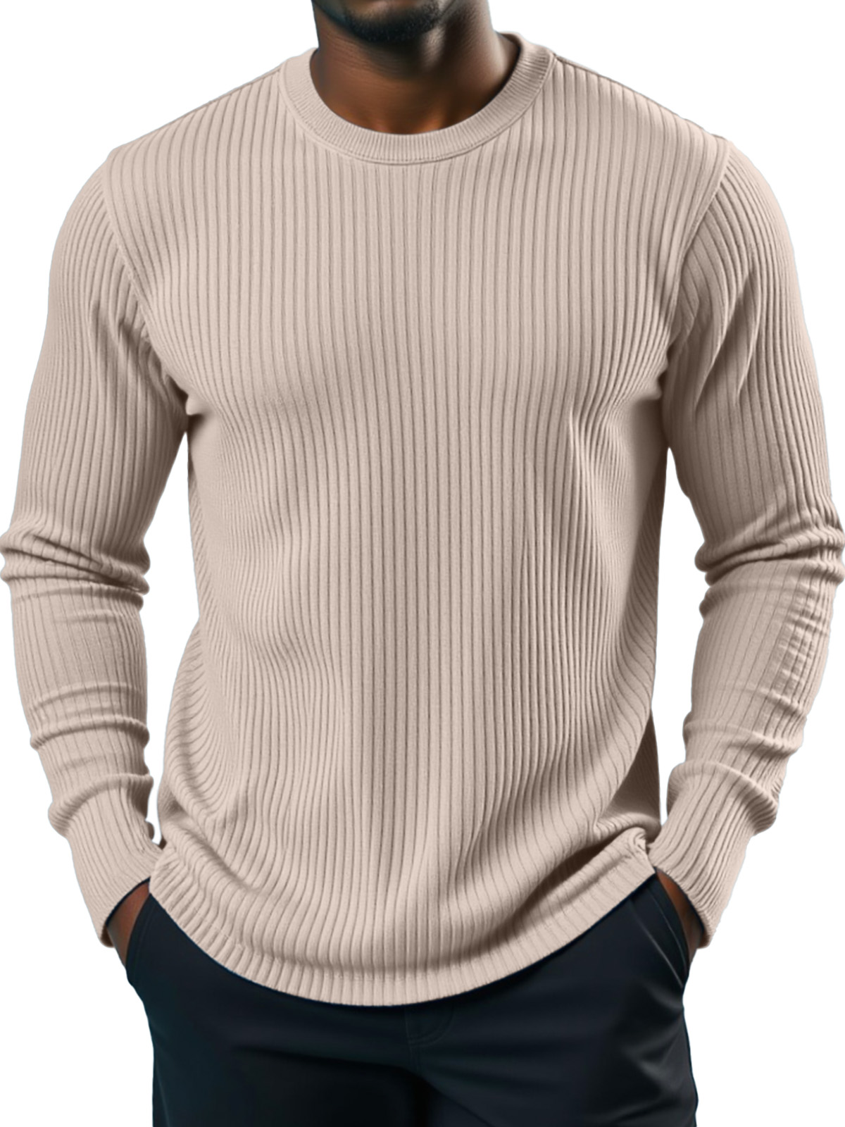 Men's Simple Daily Solid Color Vertical Pit Strip Round Neck Long-sleeved T-shirt