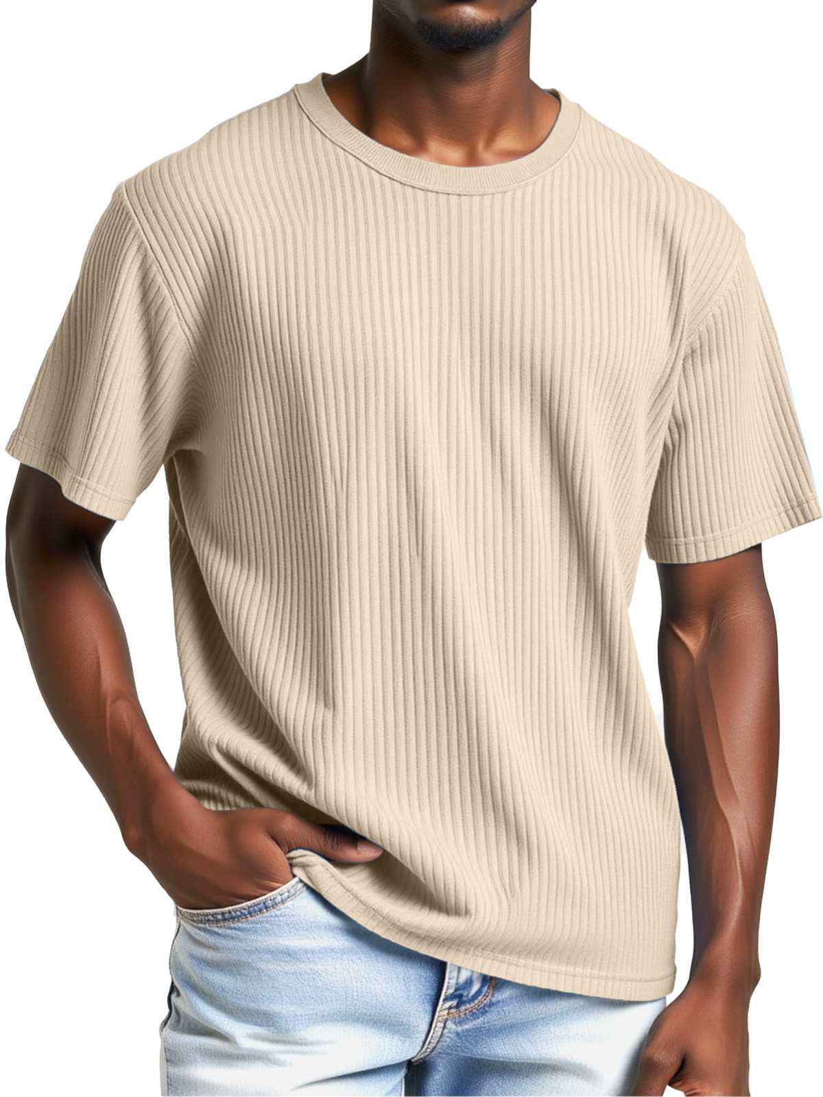 Men's Comfortable Solid Color Vertical Pit Round Neck Short-sleeved T-shirt