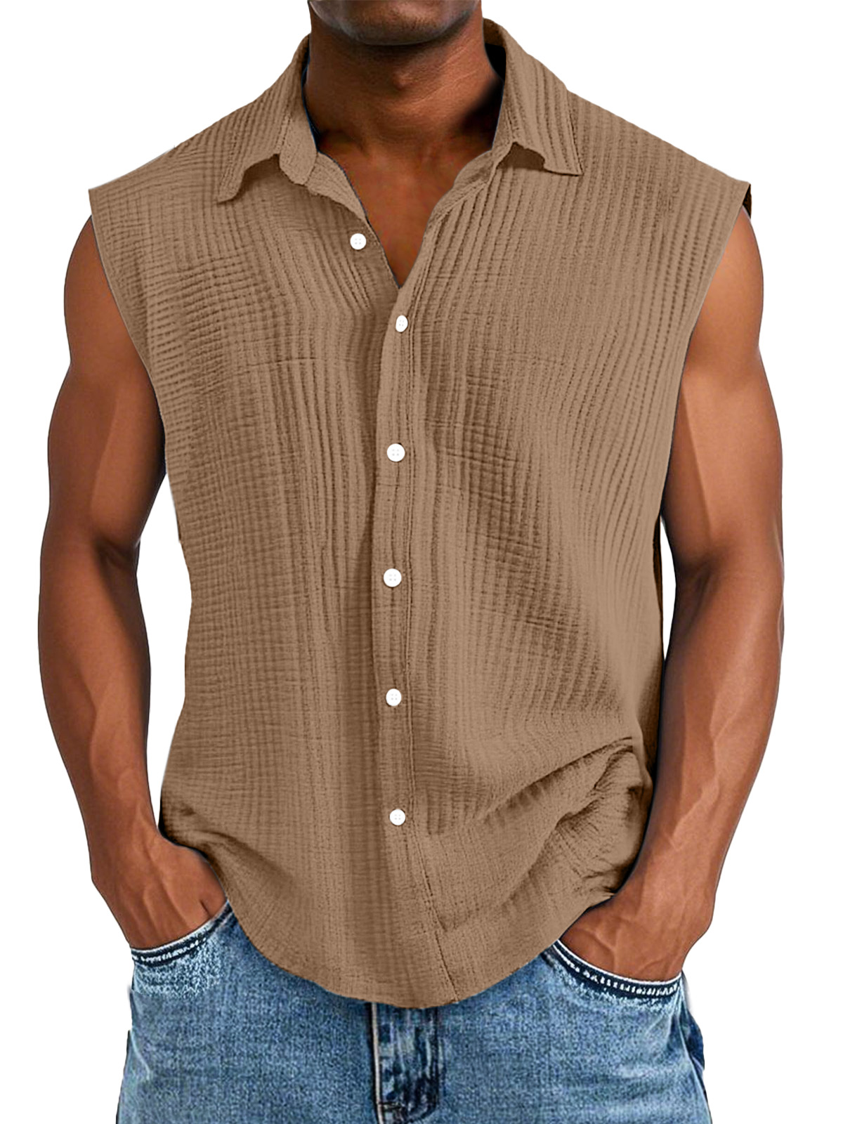 Men's Casual Solid Color Pleated Texture Sleeveless Lapel Shirt