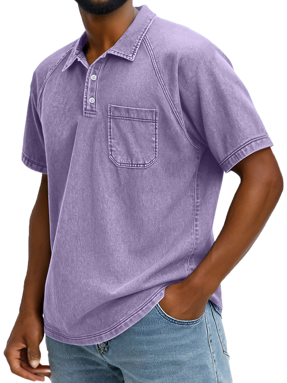 Men's Retro Solid Color Comfortable Raglan Sleeve Polo Shirt