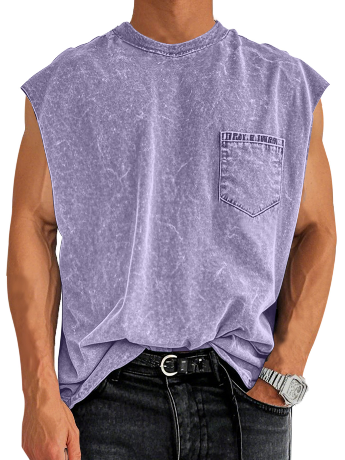 Men's Retro Cotton Washed Pocket Round Neck Sleeveless T-shirt