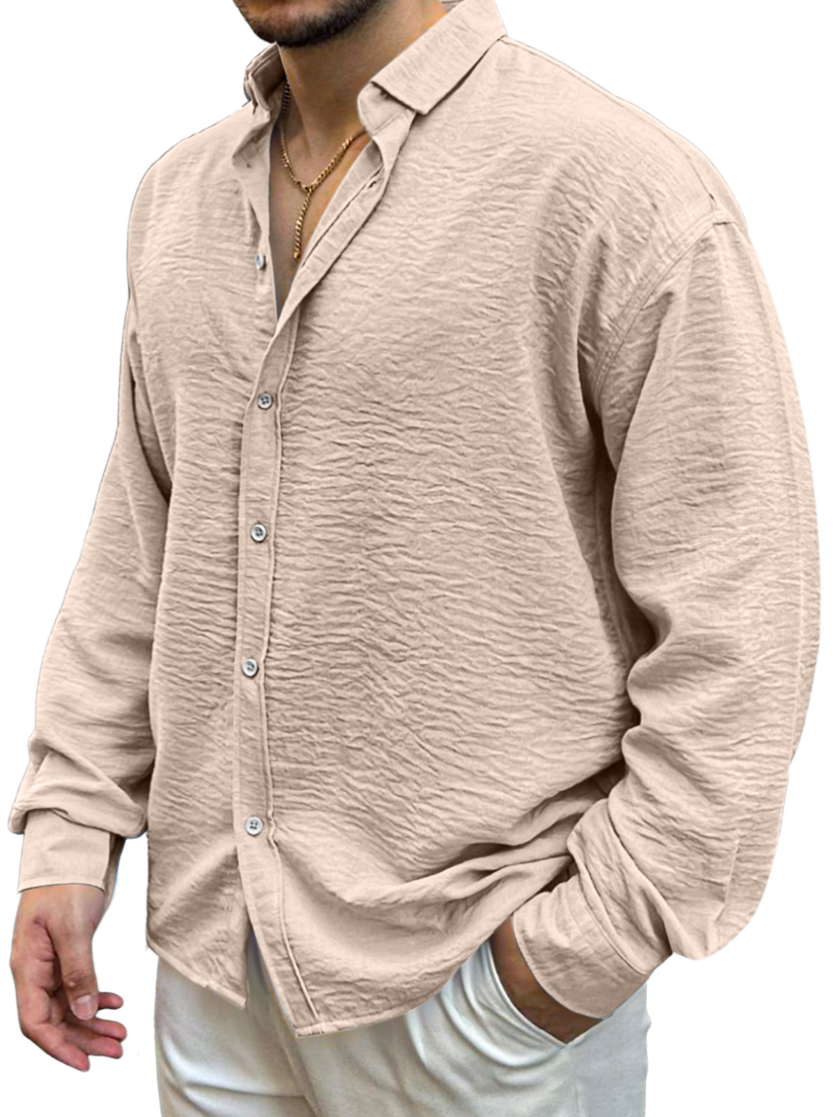 Men's Simple Solid Color Pleated Loose And Comfortable Lapel Long-sleeved Shirt