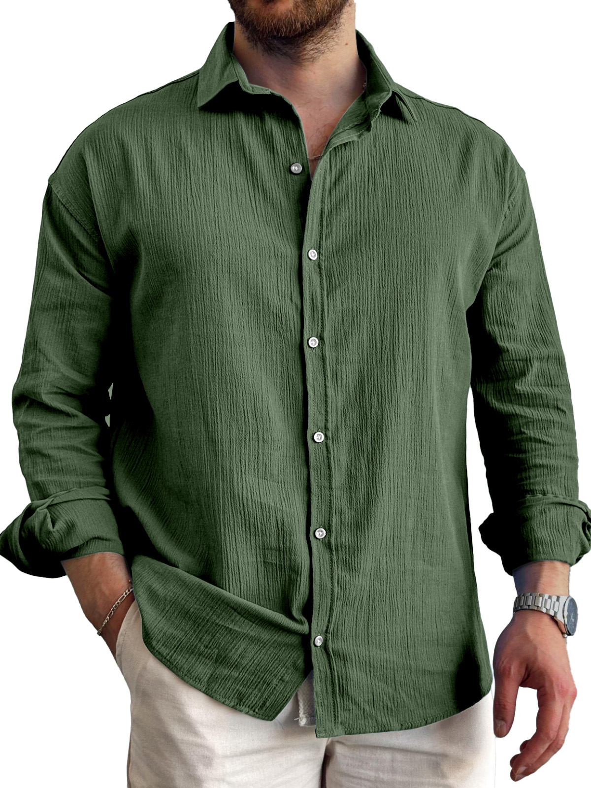 Men's Daily Simple Pleated Textured Lapel Long-sleeved Shirt