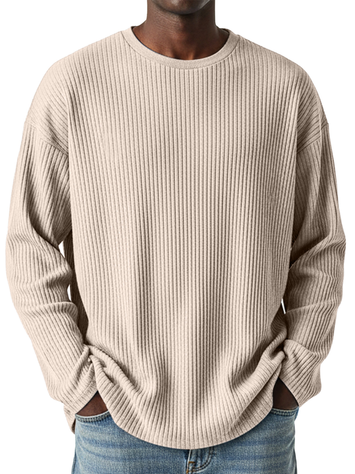 Men's Simple Daily Solid Color Vertical Pit Strip Round Neck Long-sleeved T-shirt