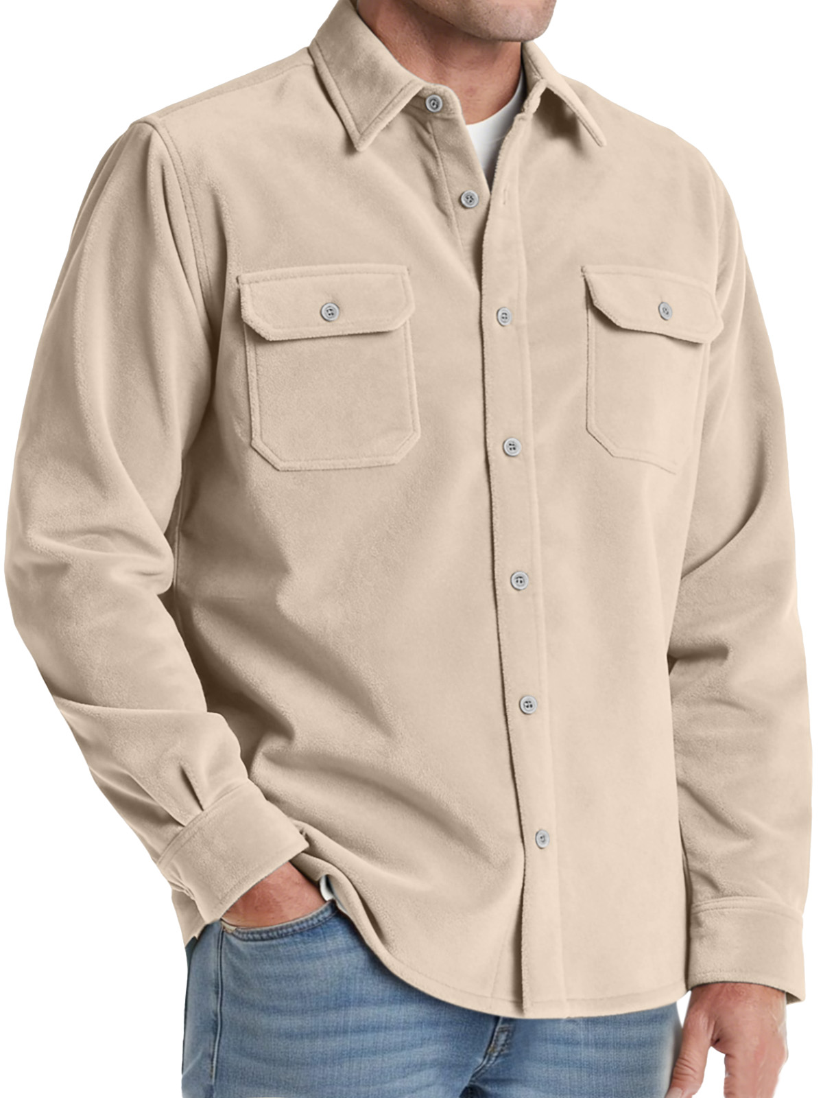 Men's Comfortable Solid-color Suede Double-pocket Long-sleeved Shirt