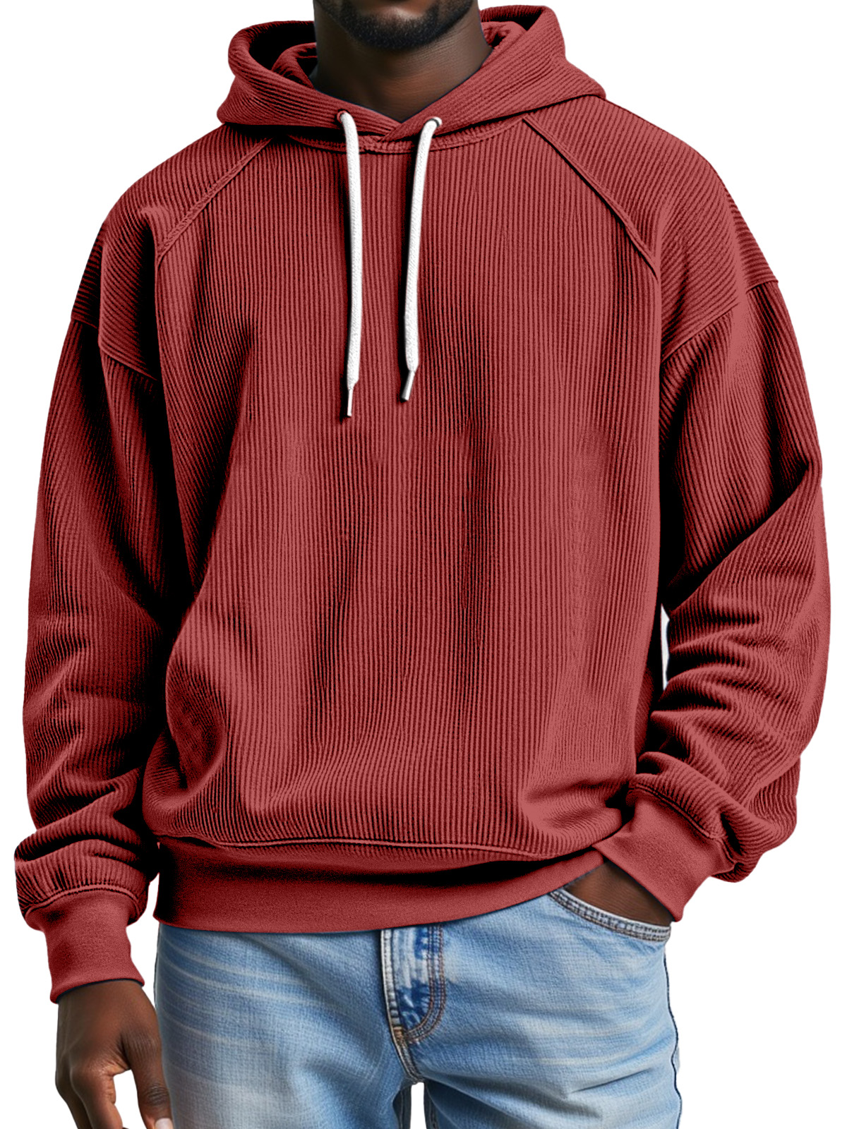 Men's Simple And Comfortable Vertical Pit Strip Raglan Design Loose Hooded Sweatshirt