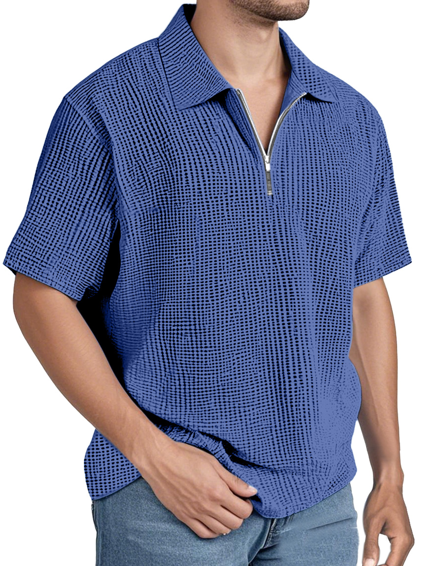Men's Simple Solid Color Waffle Zipper Lapel Short-sleeved Polo Shirt