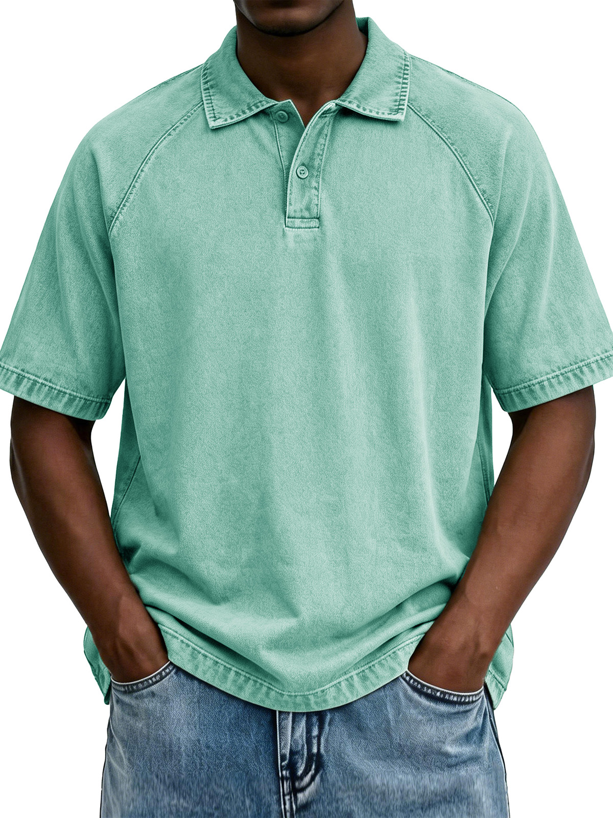 Men's Fashionable Raglan Distressed Collared Loose Short-Sleeve Polo Shirt