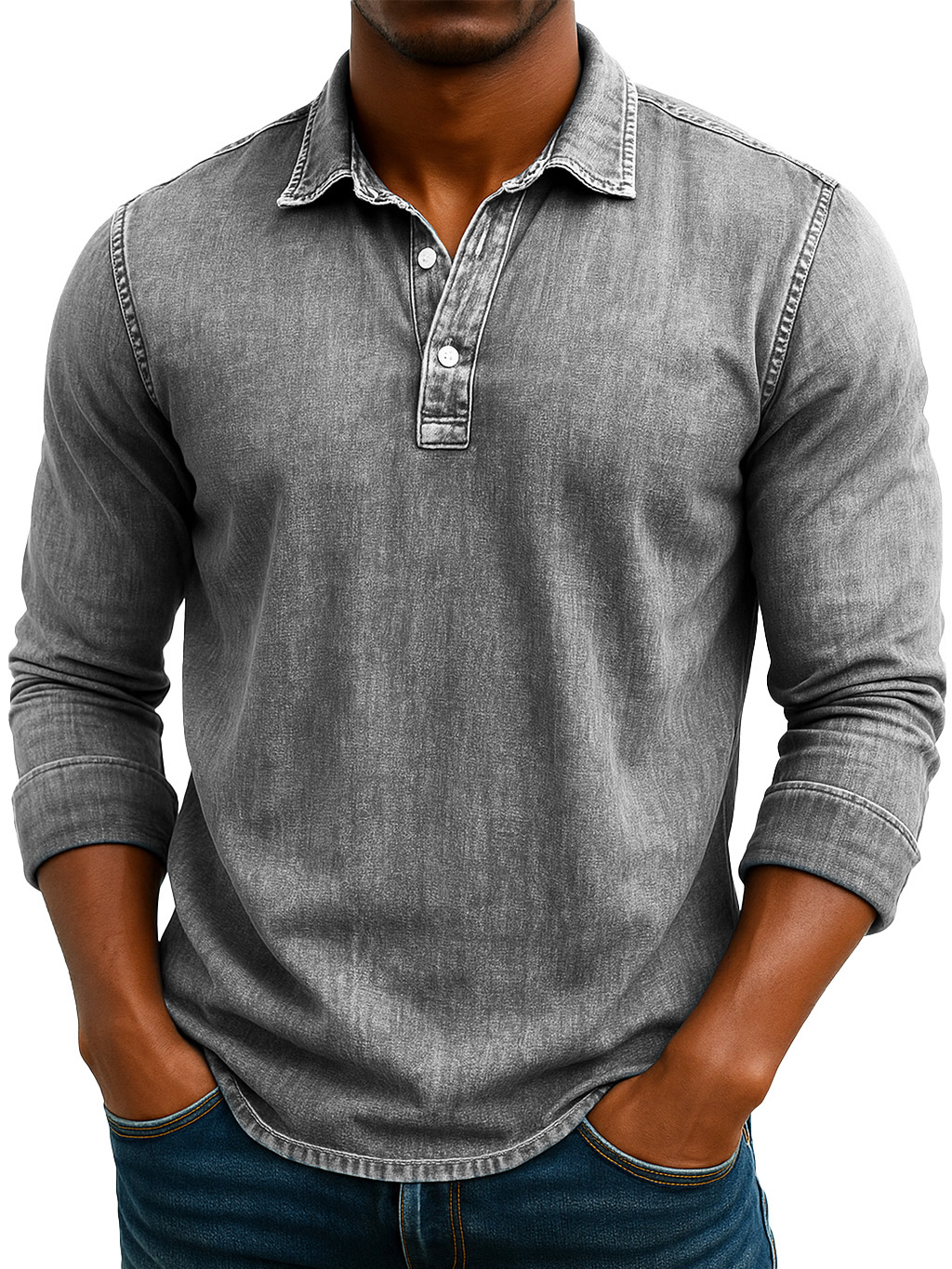 Men's Stylish Retro Washed And Distressed Lapel Long-sleeved Polo Shirt